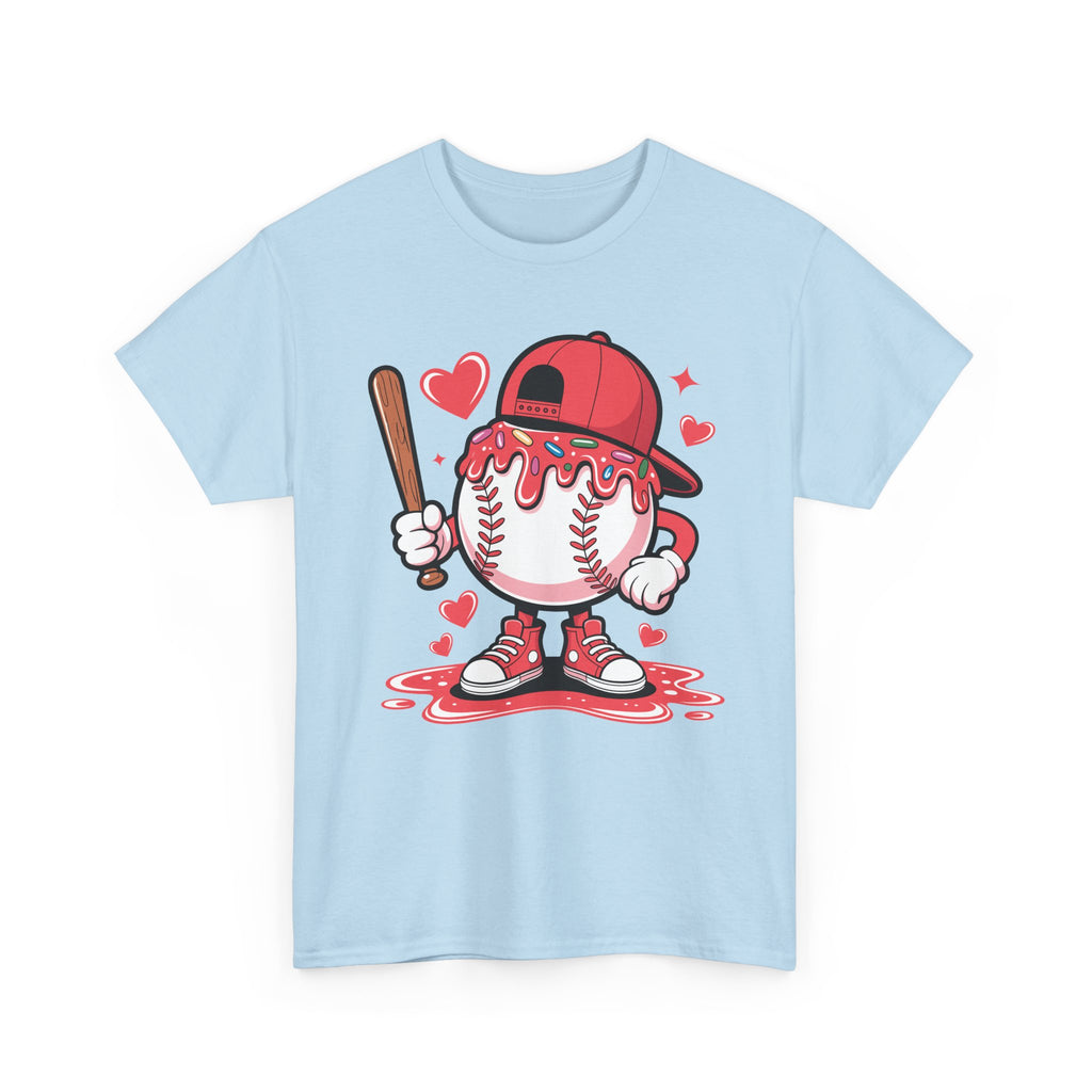 Cute Baseball Character T-Shirt — Red Cap & Icing Top Graphic with Hearts Unisex Cotton Tee