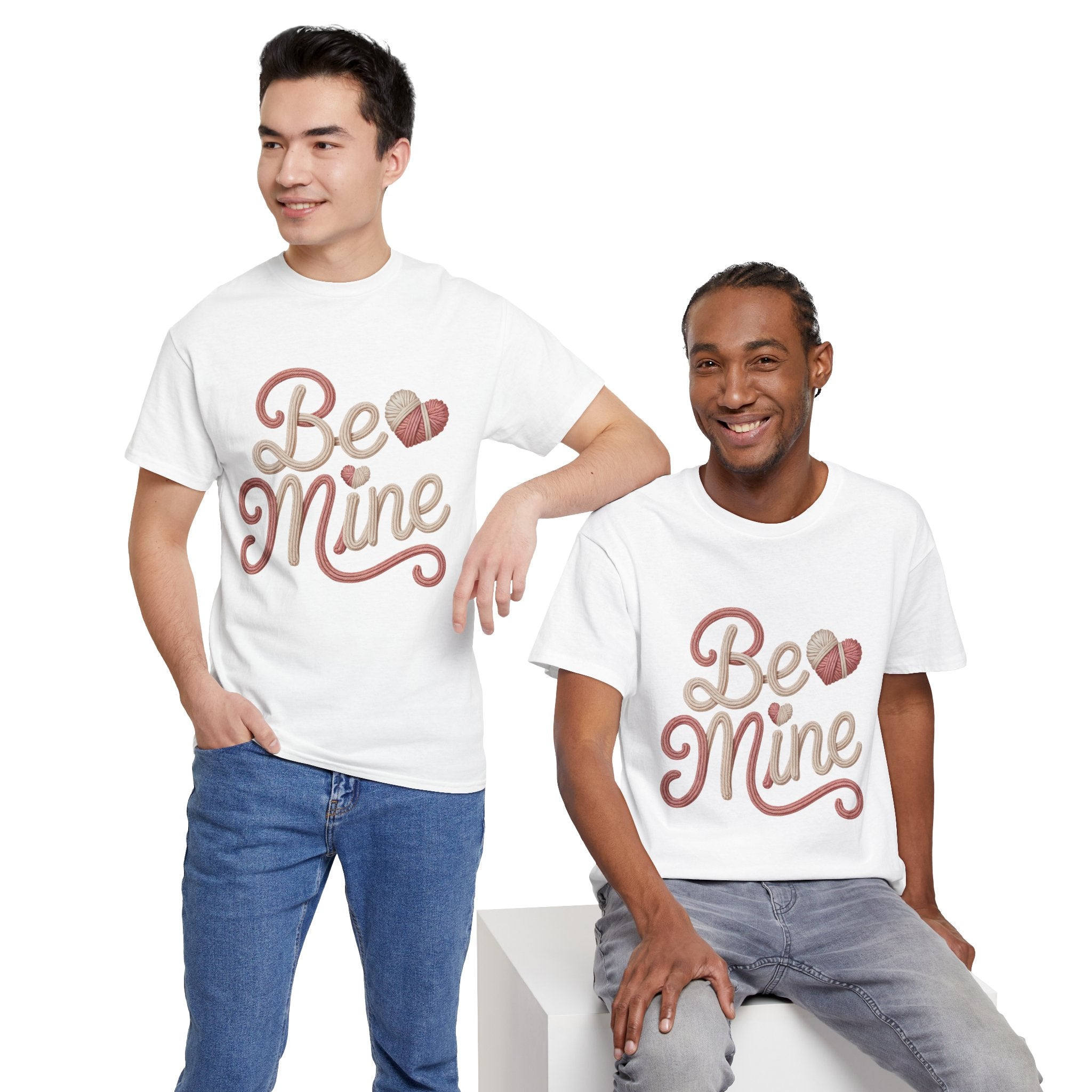 Be Mine Yarn Heart T-Shirt — Valentine’s Faux-Yarn Pink & Cream Unisex Cotton Tee