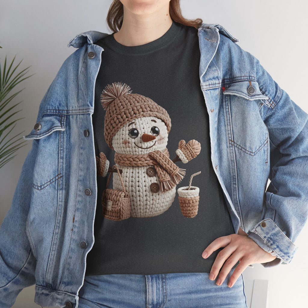Snowman Knit‑Style Graphic Tee — Cute Faux‑Yarn Snowman with Hat, Scarf & Mittens.Unisex Cotton Tee