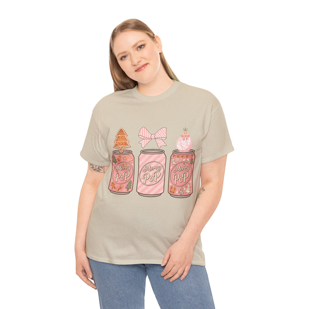 Merry Pop Christmas Soda Can Tee — Pastel Holiday Graphic Unisex Cotton T-Shirt