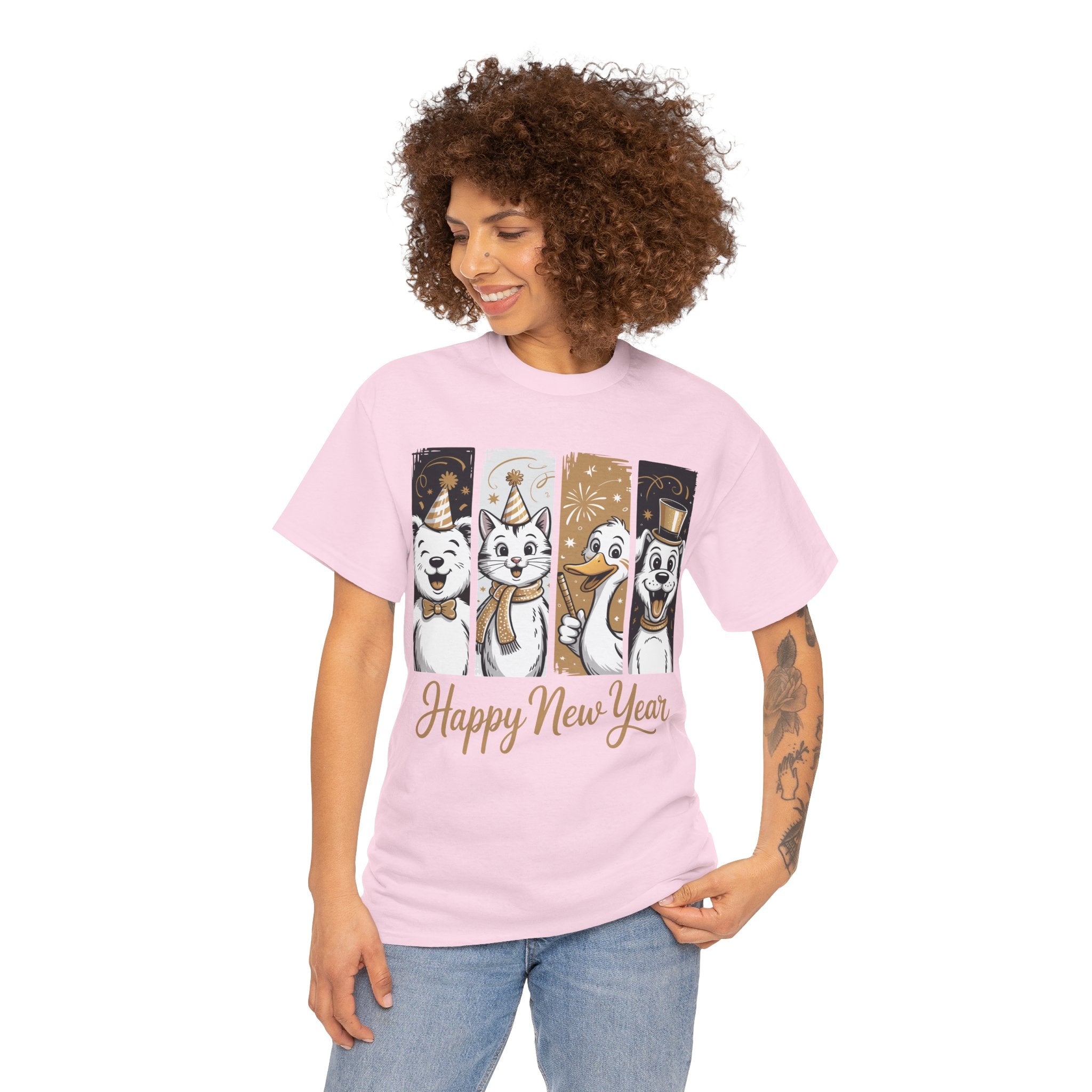 Happy New Year Party Animals T-Shirt — Cute Smiling Animals in Party Hats & Gold Fireworks..Unisex Cotton Tee