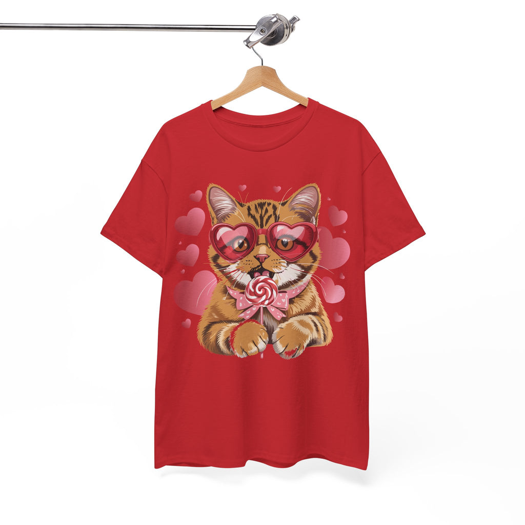 Valentine Cat Tee — Heart Glasses, Lollipop Bow Unisex Cotton Tee