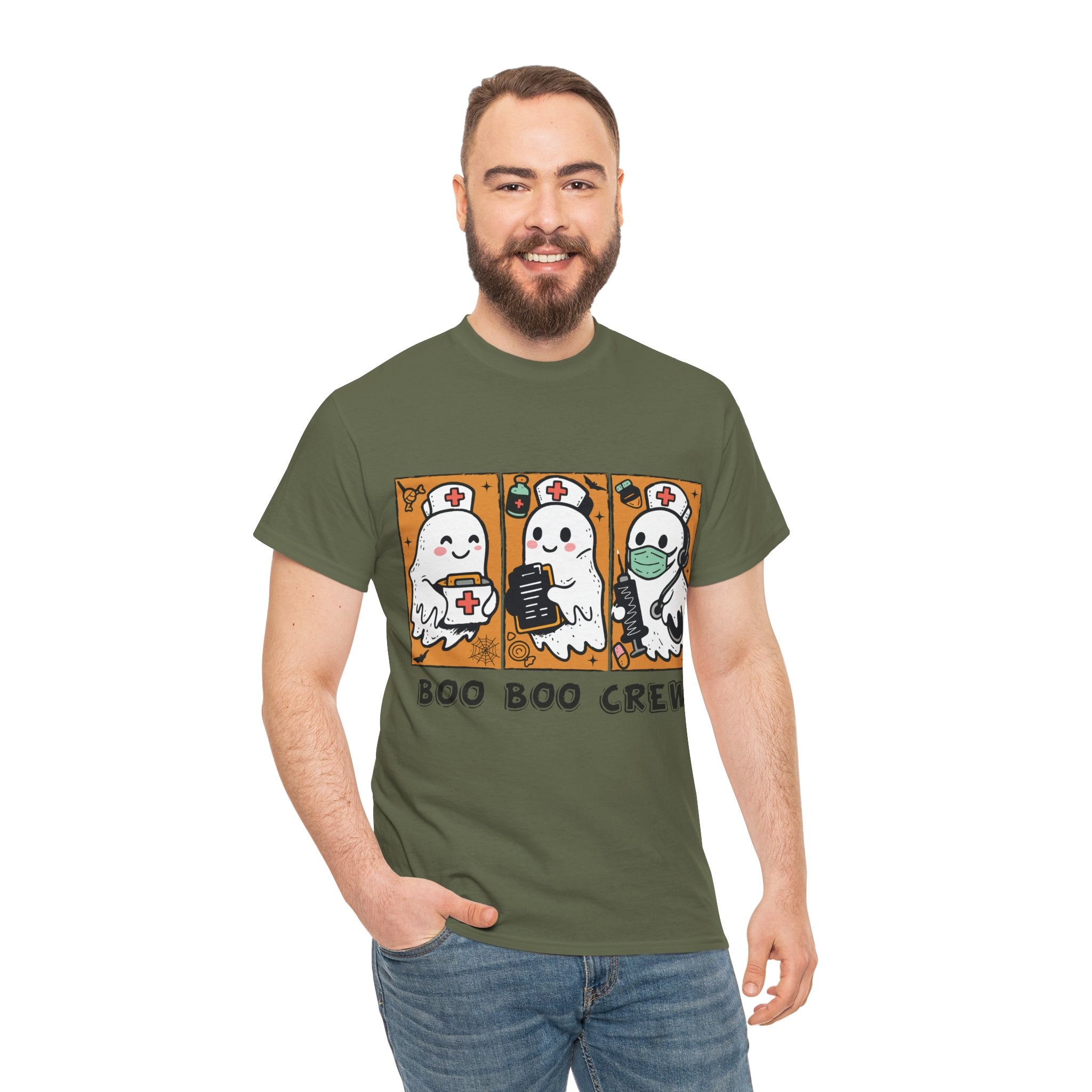 Halloween Nurse T-Shirt — Ghost Nurses Holding Medical Tools on Orange Unisec Cotton Tee