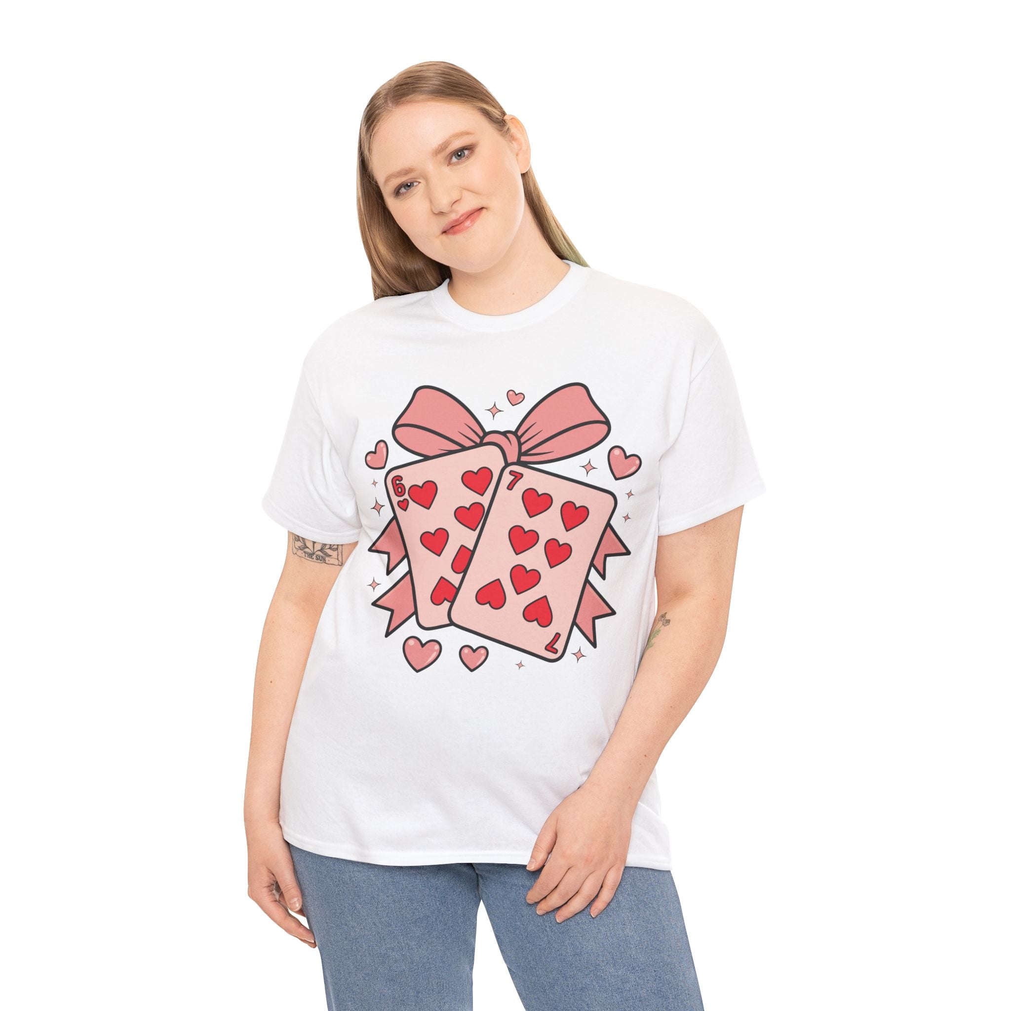 6 & 7 of Hearts T-Shirt — Paired Playing Cards with Pink Bow Unisex Cotton Tee