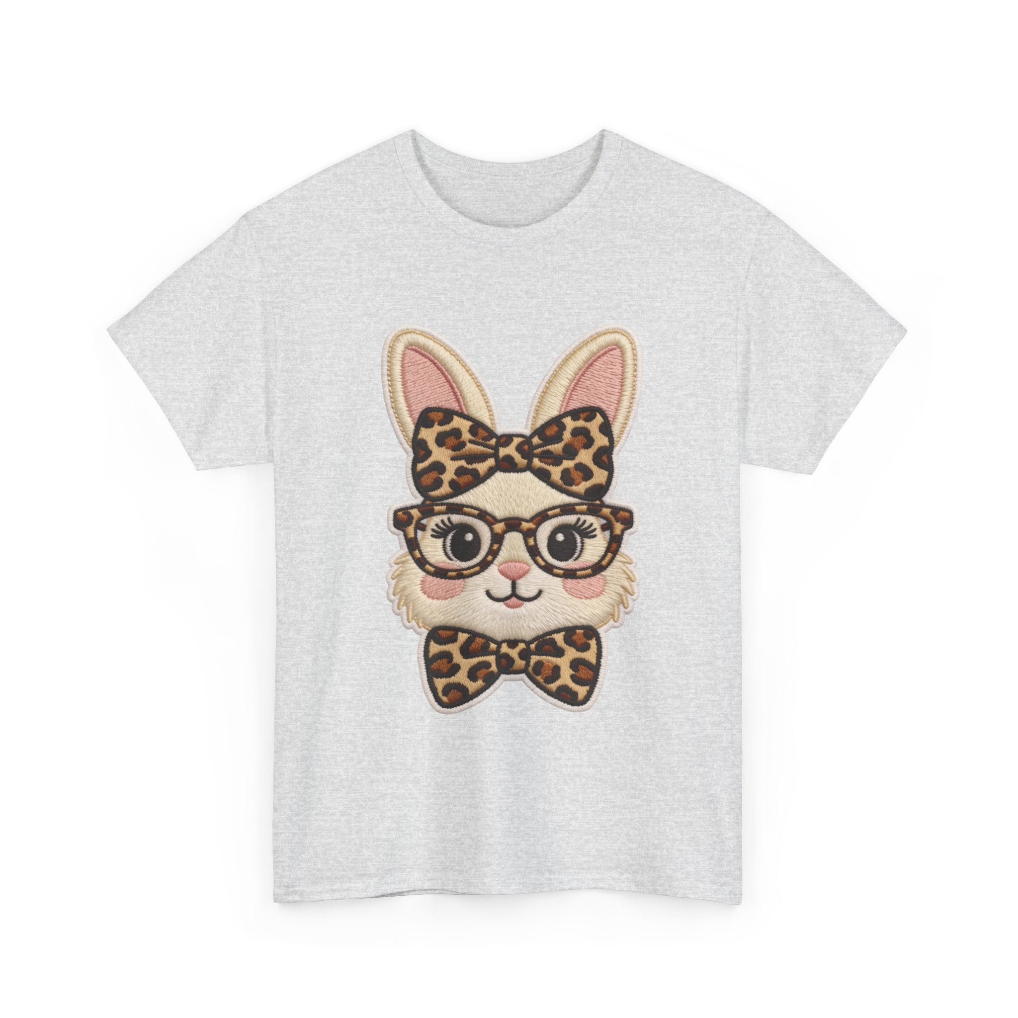 Leopard Bow Bunny Embroidered Tee — Cute Bunny Face with Glasses Patch Unisex Cotton Tee