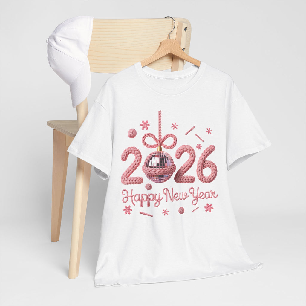 2026 Happy New Year Pink Knitted Disco Ball Unisex Cotton Tee