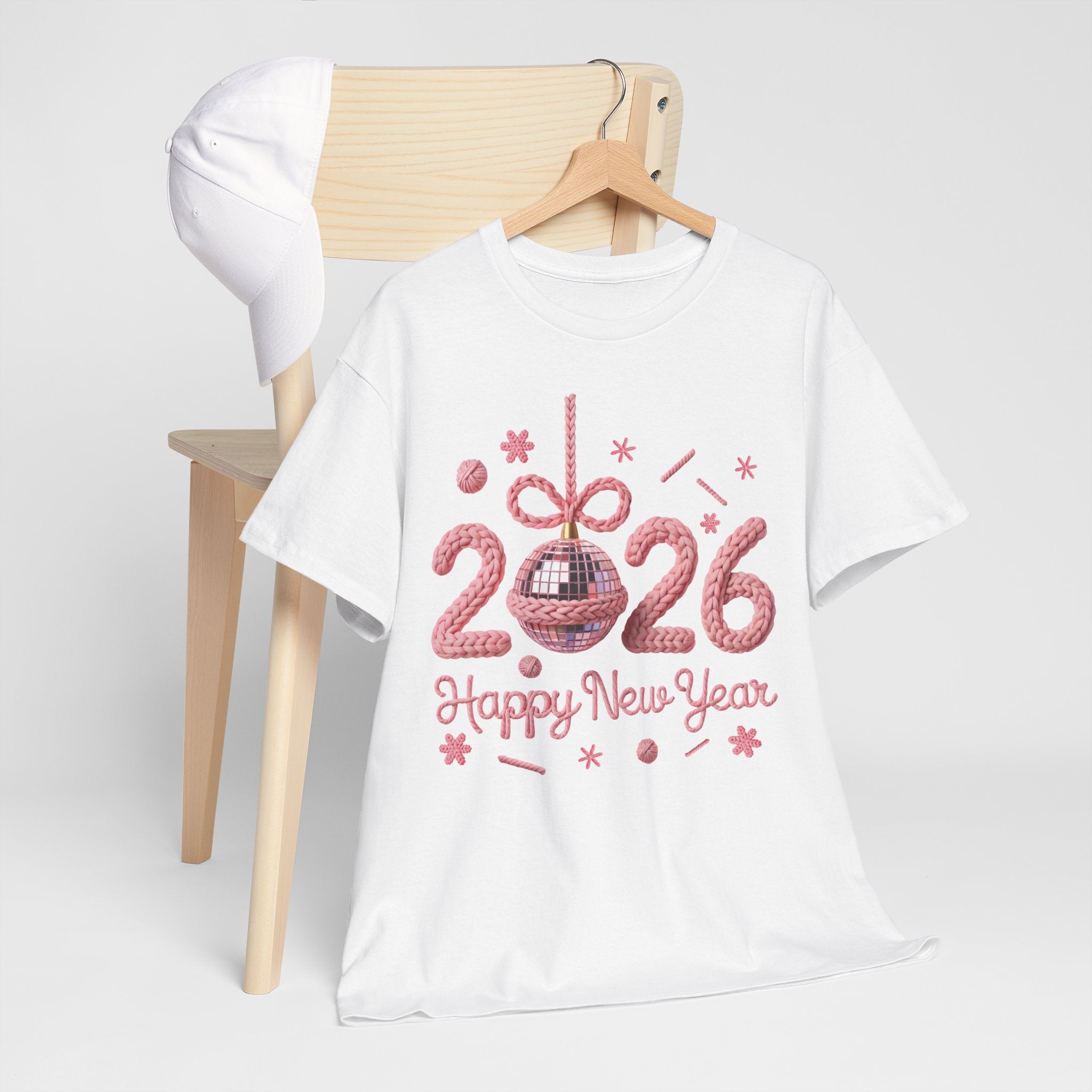 2026 Happy New Year Pink Knitted Disco Ball Unisex Cotton Tee