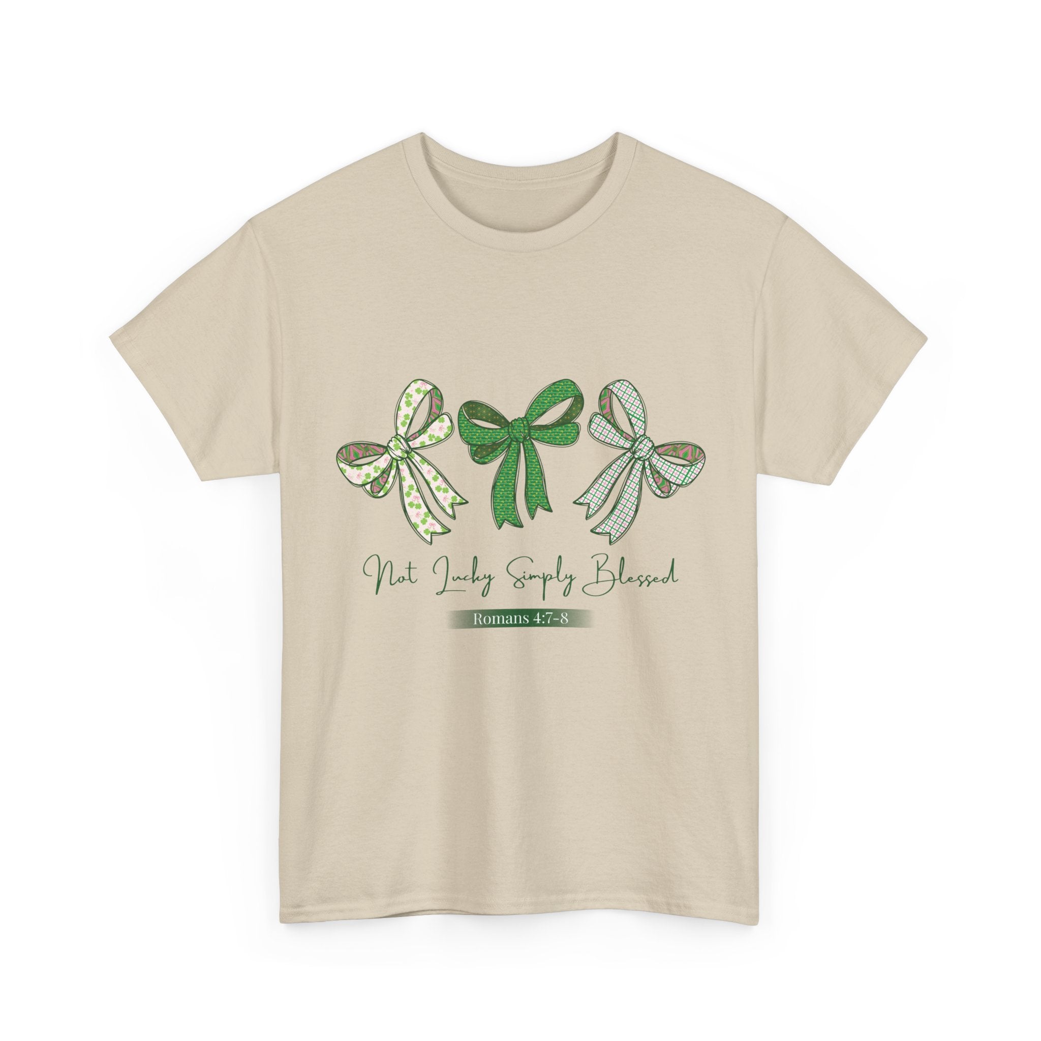 Not Lucky Simply Blessed Tee — Romans 4:7-8 Green Bow Christian Unisex Cotton T-Shirt