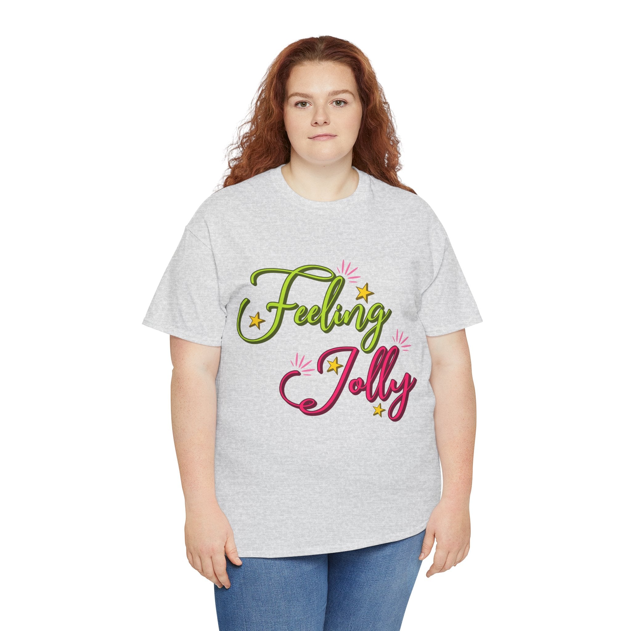 Feeling Jolly Tee — Festive Green & Pink Script with Yellow Stars Unisex Cotton Tee