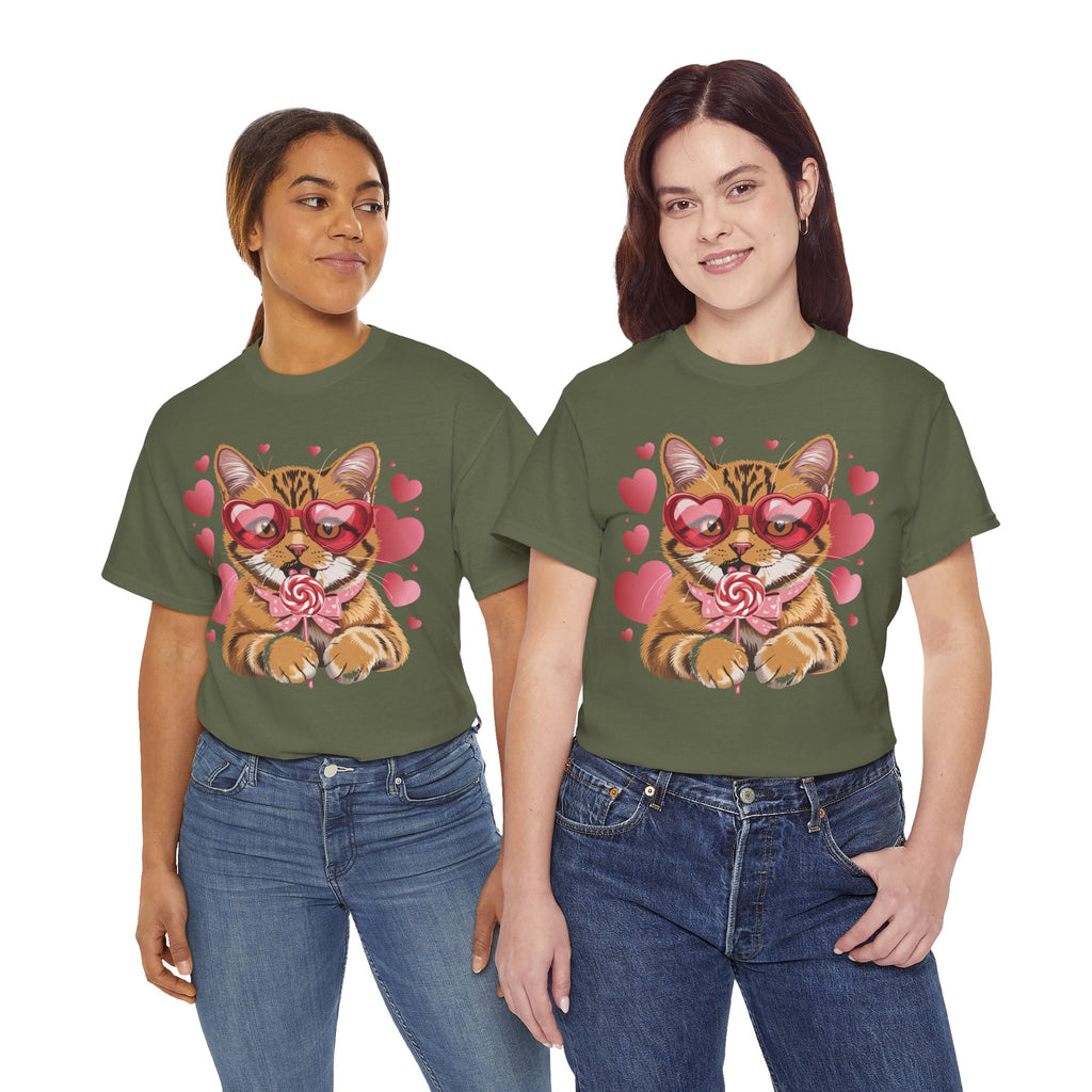 Valentine Cat Tee — Heart Glasses, Lollipop Bow Unisex Cotton Tee