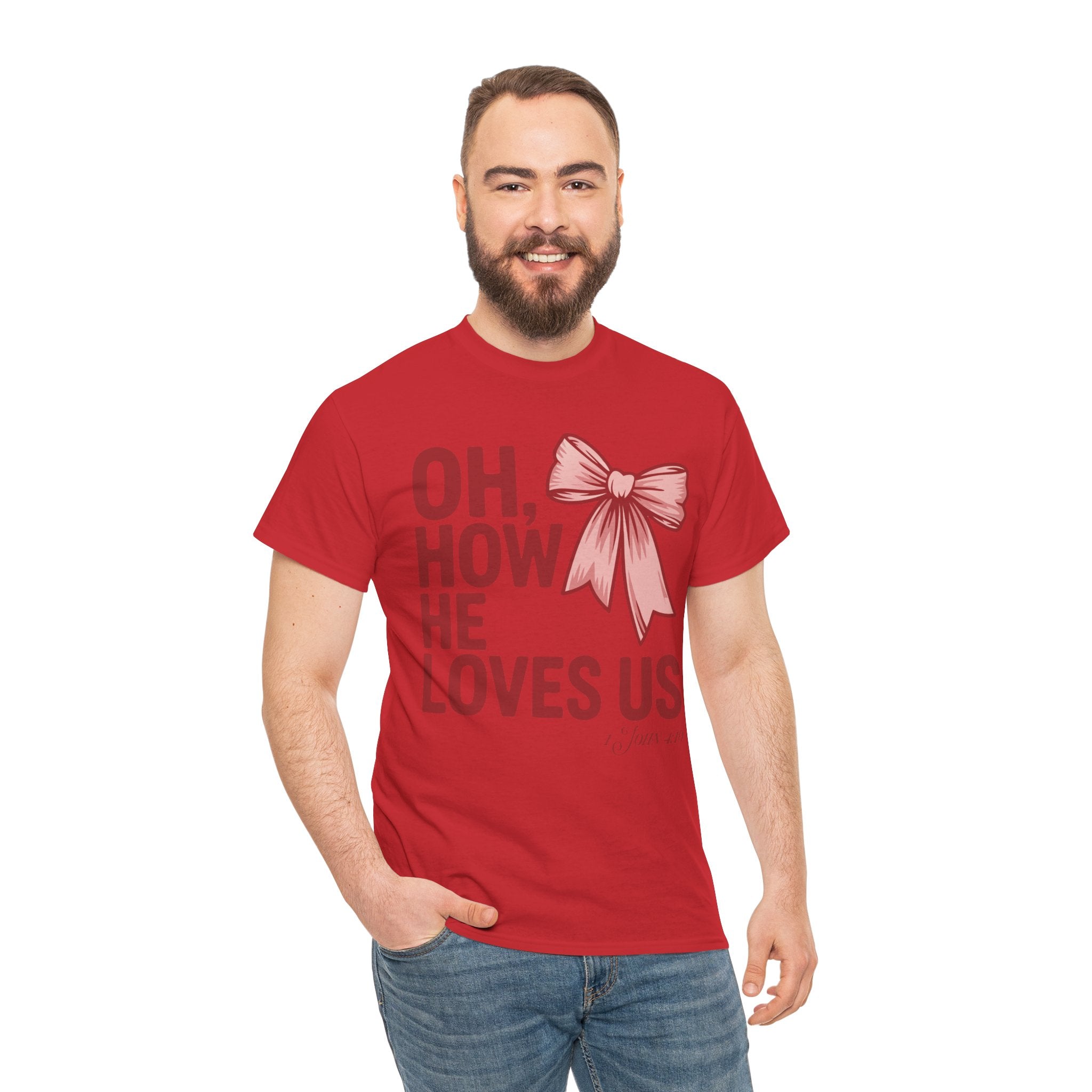Oh, How He Loves Us Christian Valentine Tee — 1 John 4:10 Red & Pink Unisex Cotton Tee