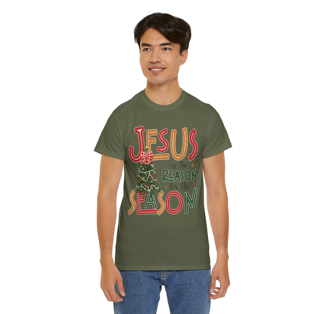 Jesus Is the Reason for the Season Christmas T-Shirt — Plaid Bow Tree..Unisex Cotton Tee