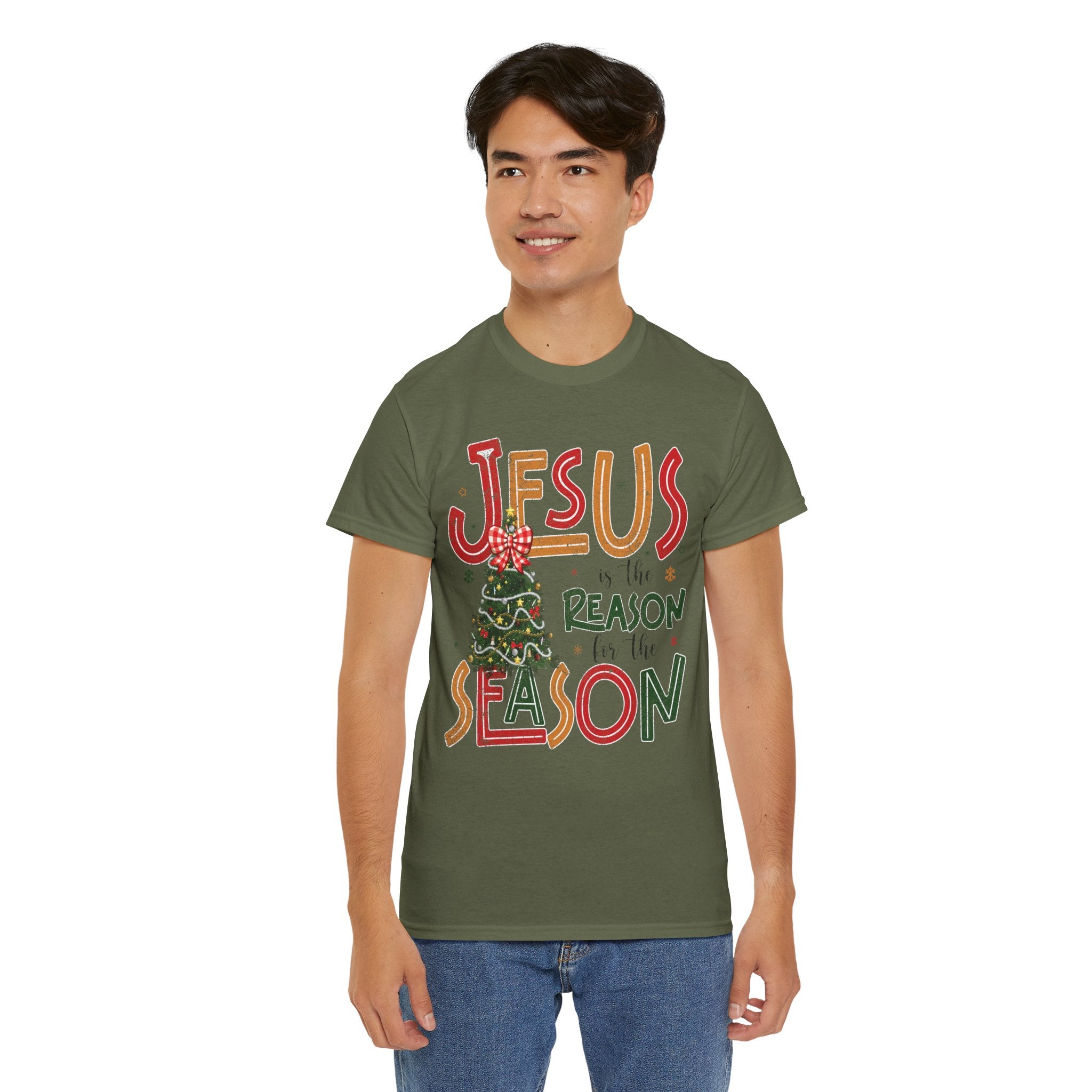 Jesus Is the Reason for the Season Christmas T-Shirt — Plaid Bow Tree..Unisex Cotton Tee