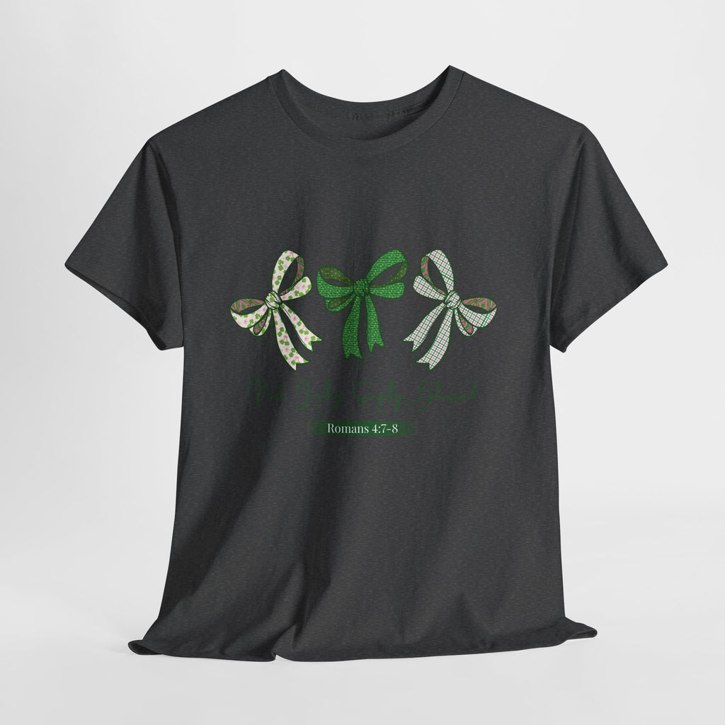 Not Lucky Simply Blessed Tee — Romans 4:7-8 Green Bow Christian Unisex Cotton T-Shirt