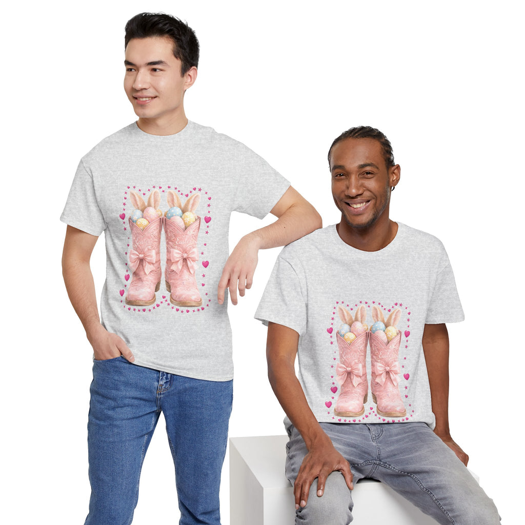 Easter Pink Western Boots Tee — Pastel Bunny Eggs & Bows Unisex Cotton Tee