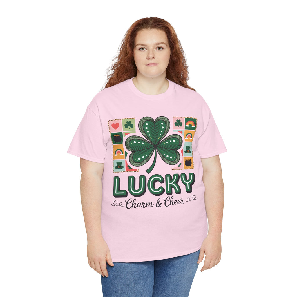 Lucky Charm & Cheer Clover Tee — Patchwork St. Patrick’s Day Unisex Cotton T-Shirt