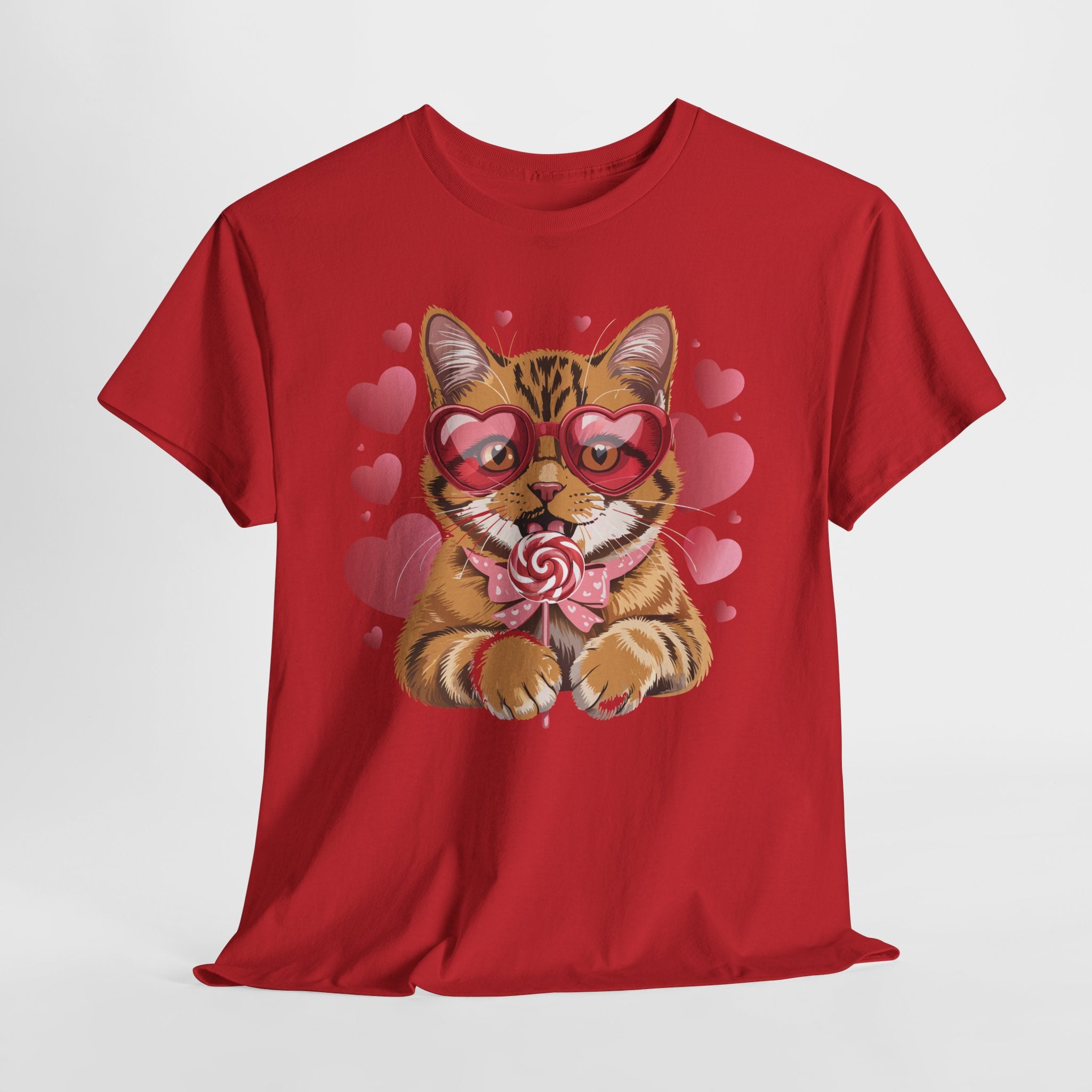 Valentine Cat Tee — Heart Glasses, Lollipop Bow Unisex Cotton Tee