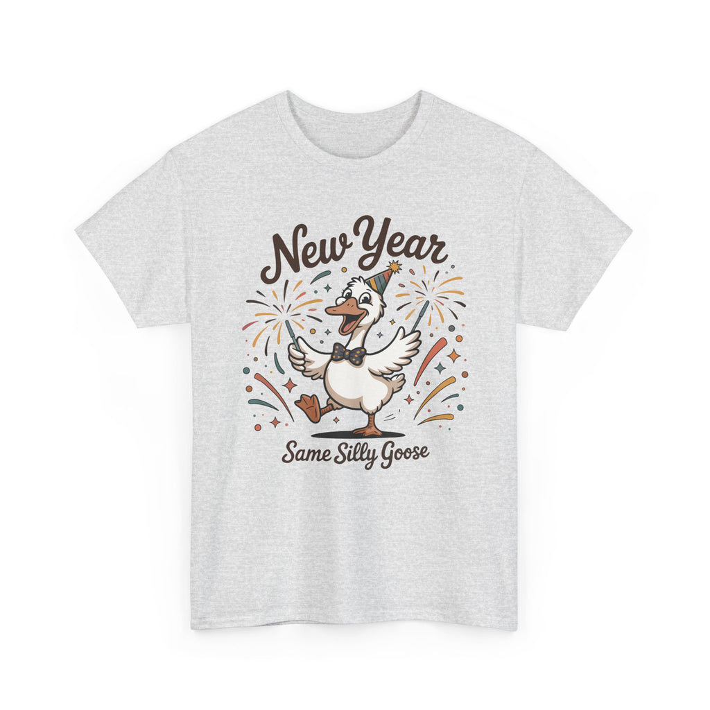 Happy Goose New Year T-Shirt — Party Hat, Fireworks & Confetti Unisex Cotton Tee