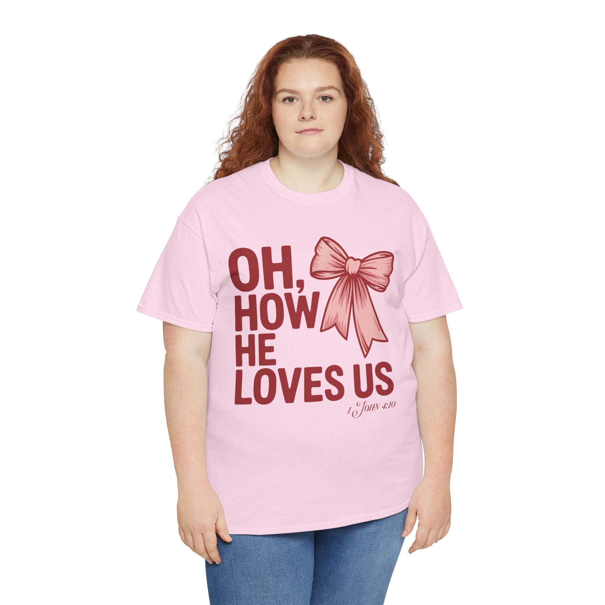 Oh, How He Loves Us Christian Valentine Tee — 1 John 4:10 Red & Pink Unisex Cotton Tee