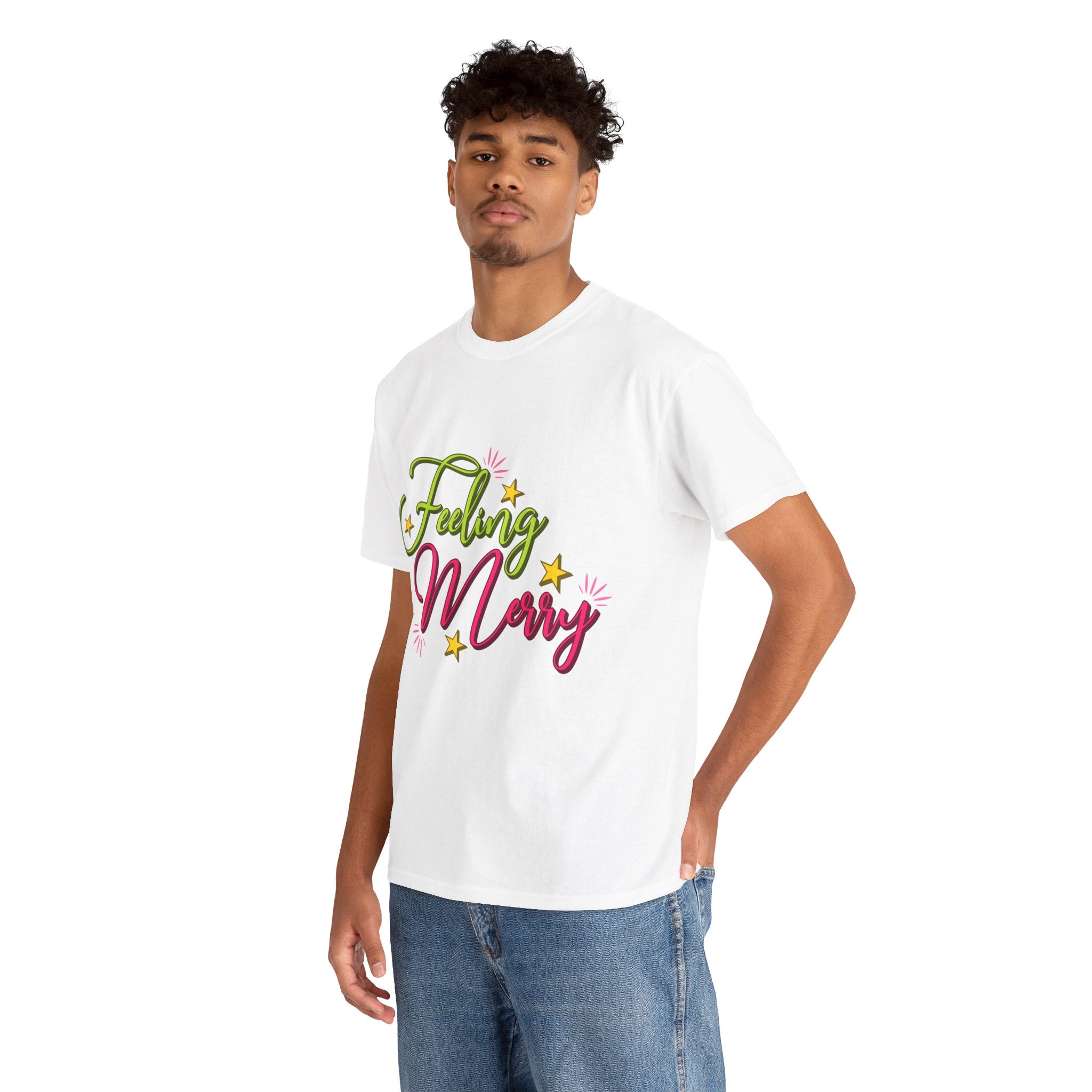 Feeling Merry T-Shirt — Bright Green & Pink Holiday Tee with Stars.Unisex Cotton Tee