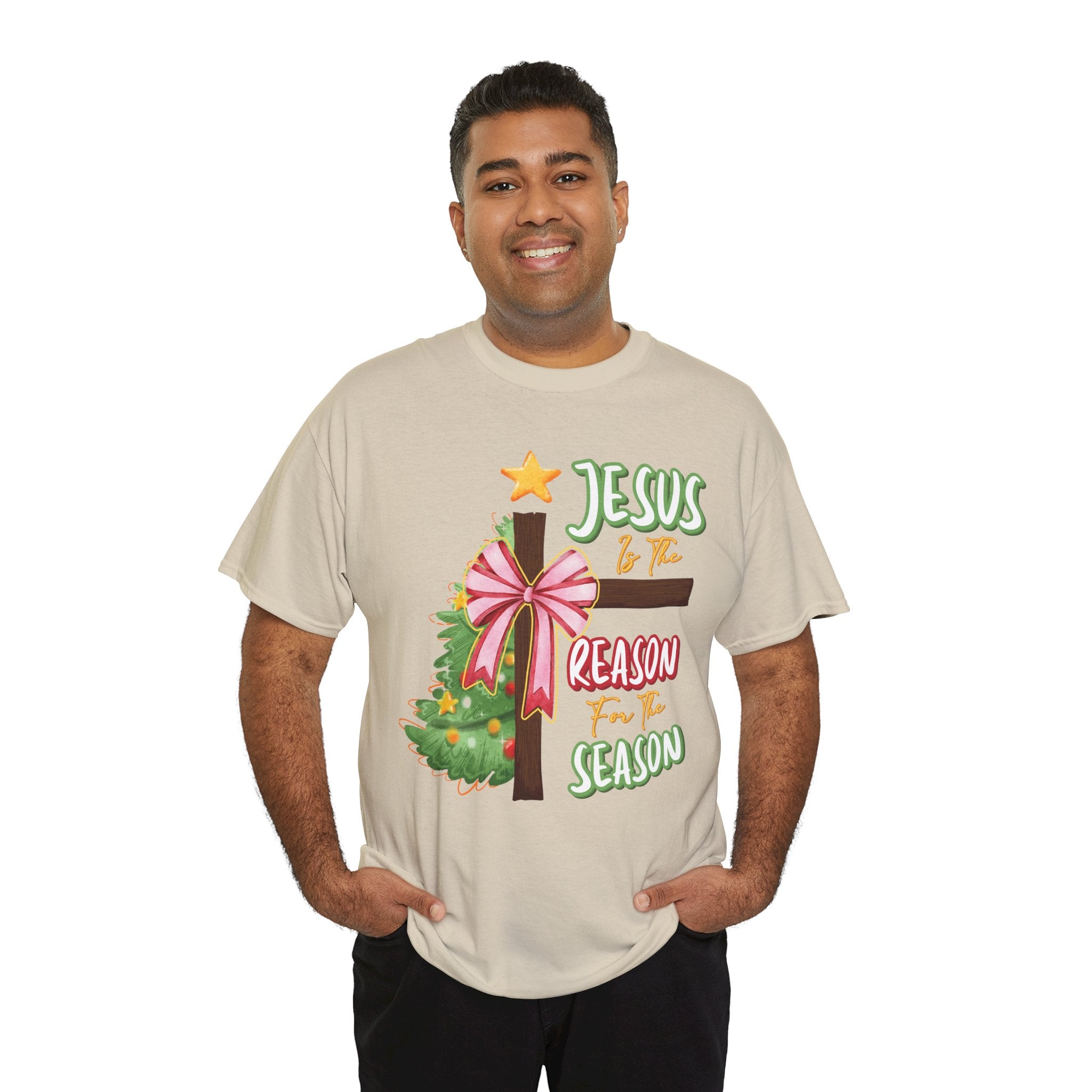 Jesus Is the Reason for the Season Christmas Tee — Cross with Pink Bow & Tree. Unisex Cotton Tee
