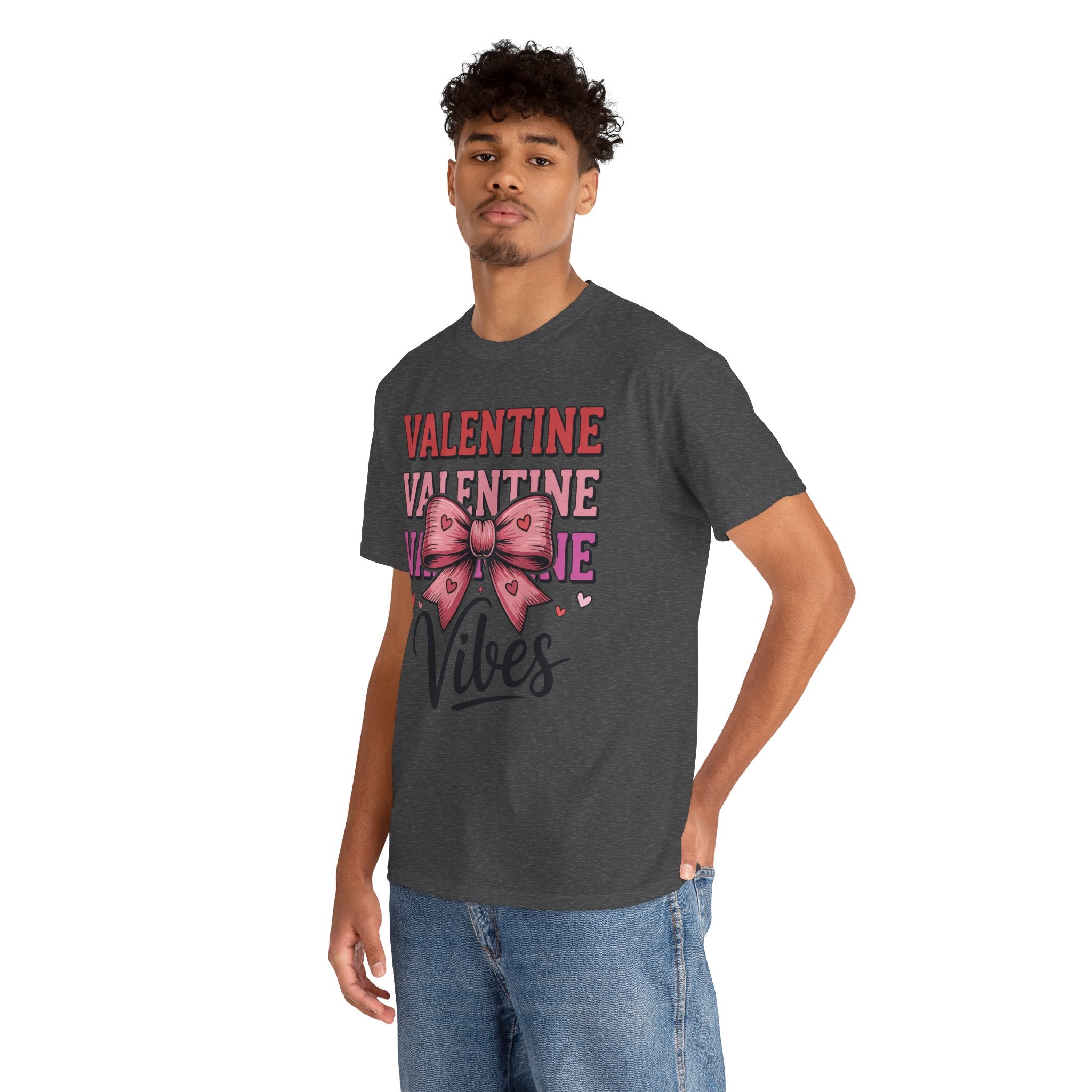 Valentine Vibes T-Shirt — Pink Bow Heart Graphic Unisex Cotton Tee