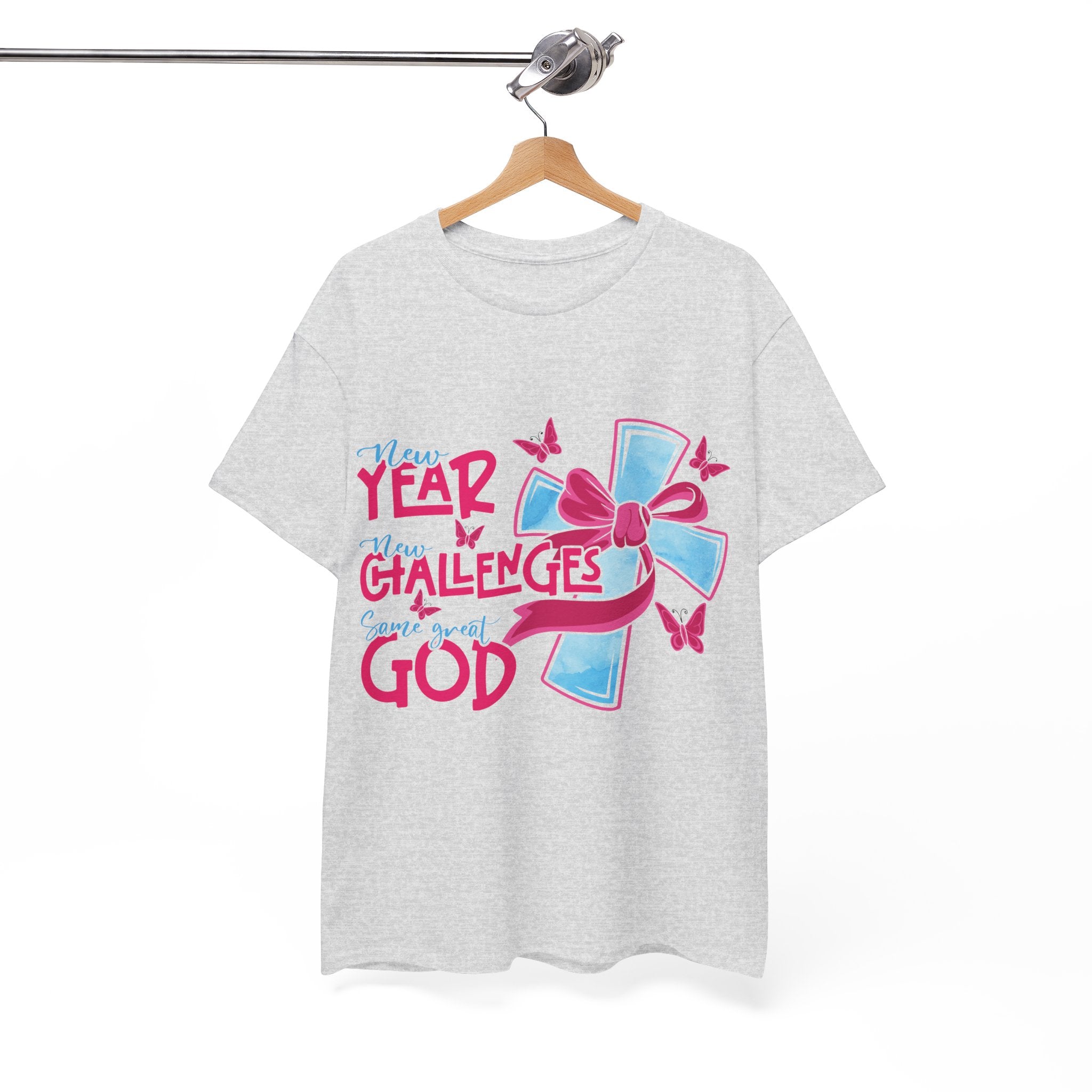 Christian T-Shirt — “New Year, New Challenges, Same Great God” with Pink Bow Cross & Butterflies. Unisex Cotton Tee