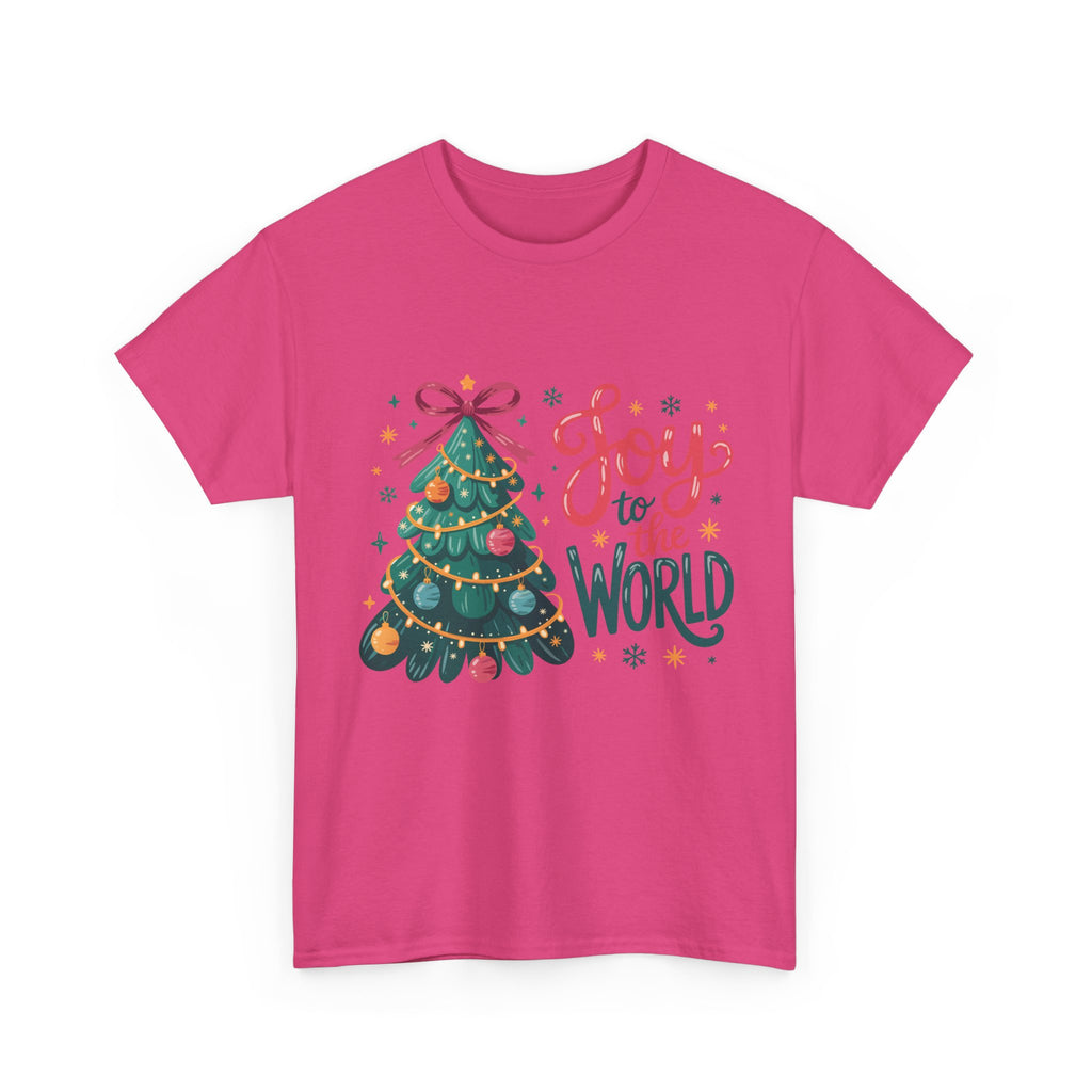Joy to the World Christmas Tee — Festive Tree with Pink Bow..Unisex Cotton Tee
