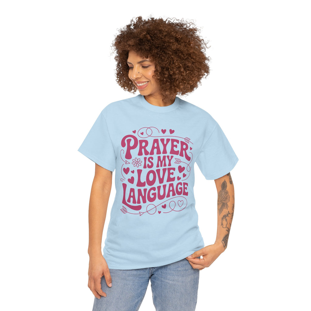Prayer Is My Love Language Christian Tee — Pastel Pink Hearts Unisex Cotton Tee