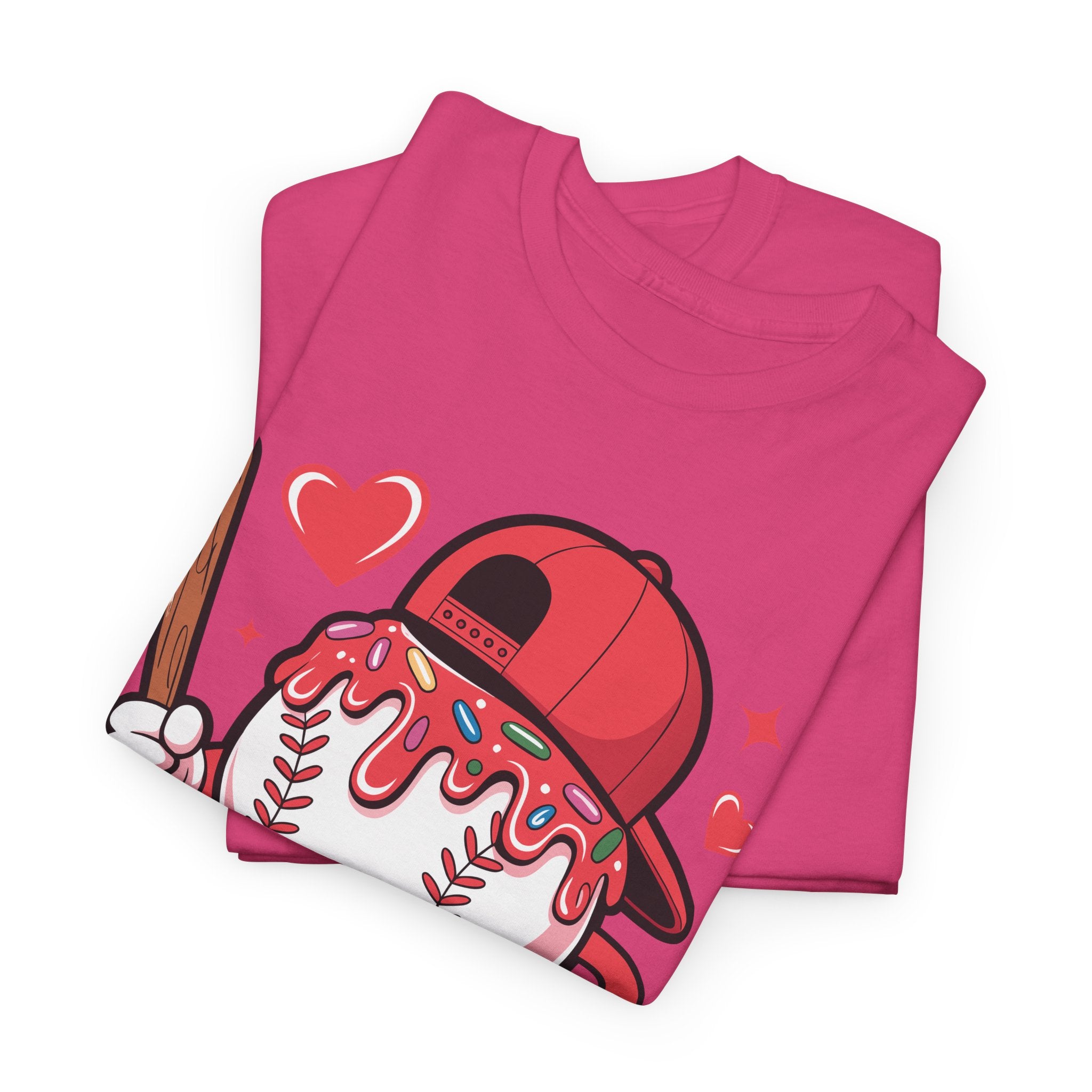Cute Baseball Character T-Shirt — Red Cap & Icing Top Graphic with Hearts Unisex Cotton Tee
