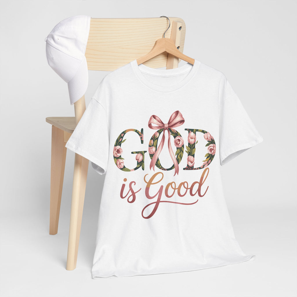 God Is Good Pink Rose Tee — Floral Ribbon Faith Unisex Cotton T-Shirt