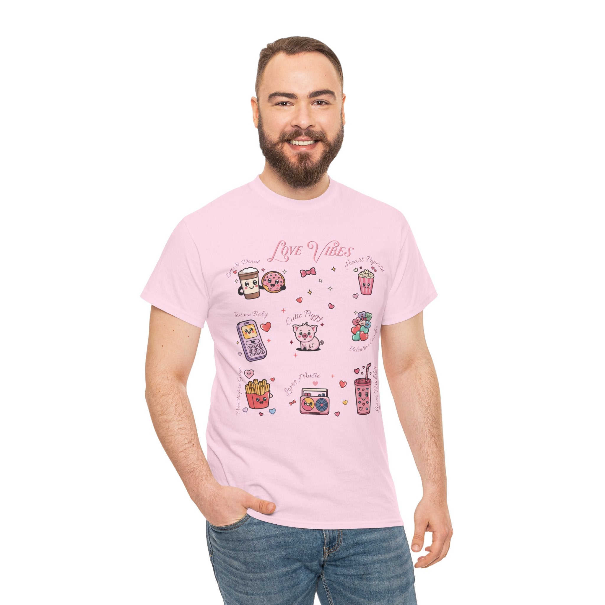 Love Vibes Kawaii Valentine T-Shirt — Cute Donut, Coffee & Piglet Design Unisex Cotton Tee
