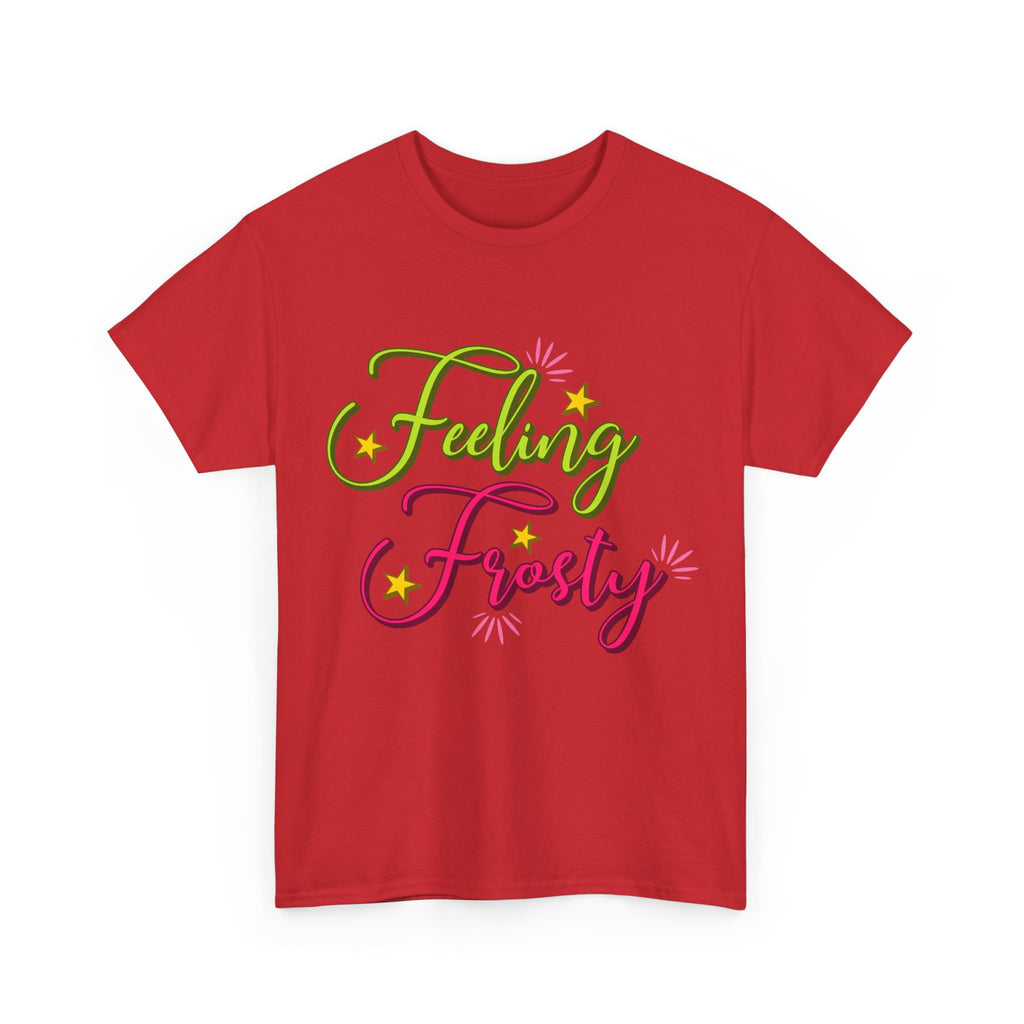 Feeling Frosty Holiday T-Shirt — Green & Pink Script Stars.Unisex Cotton Tee