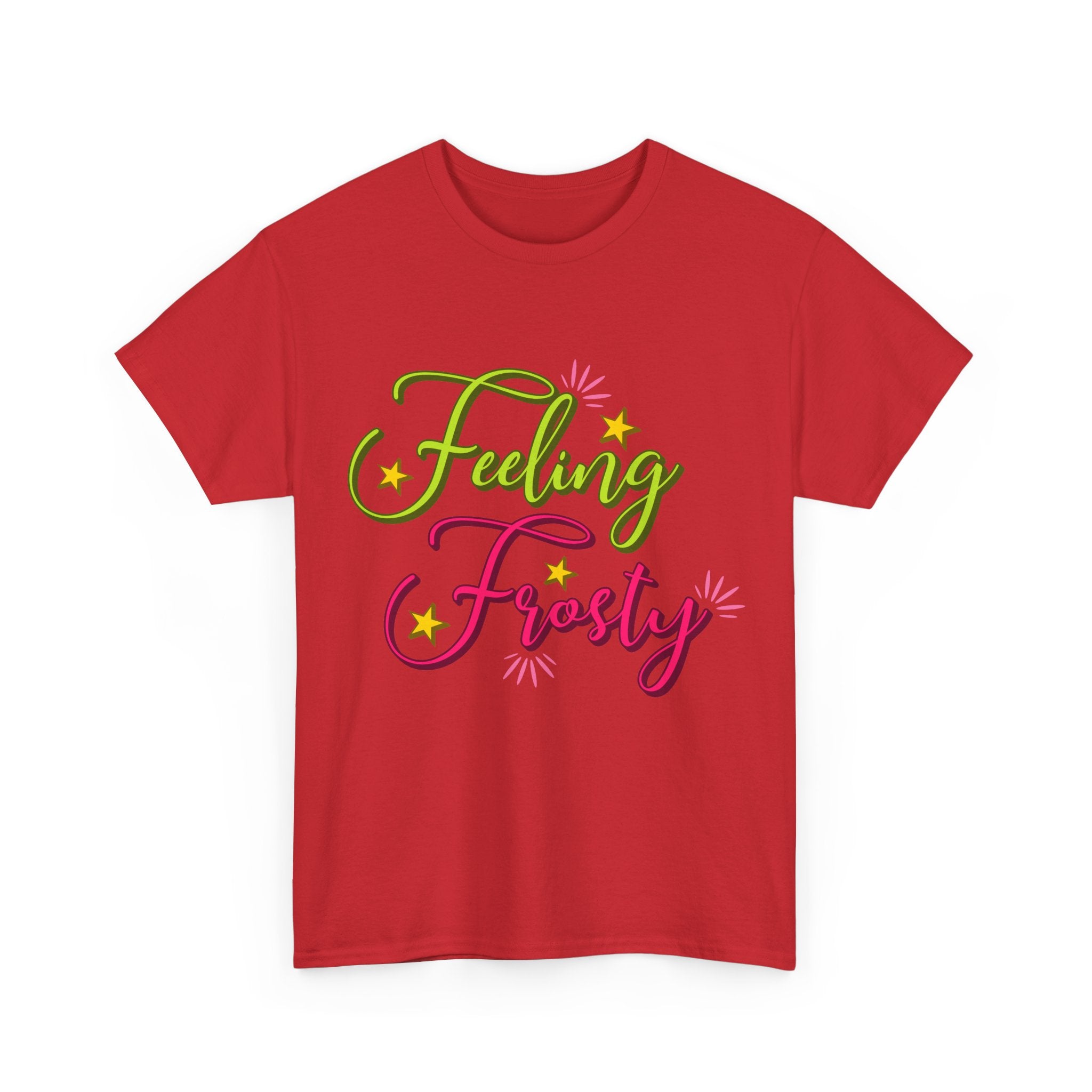 Feeling Frosty Holiday T-Shirt — Green & Pink Script Stars.Unisex Cotton Tee