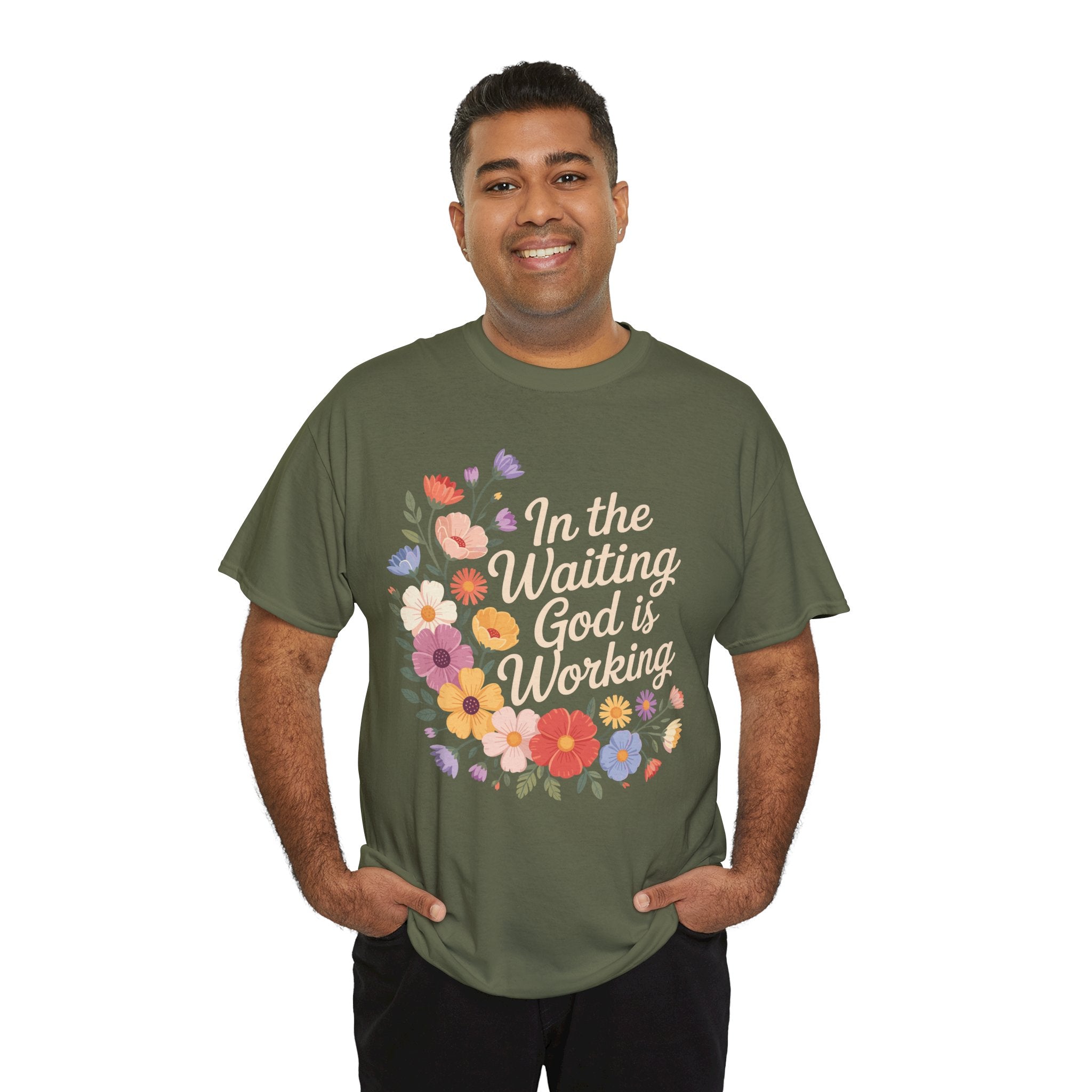 Pastel Floral “In the Waiting God Is Working” Unisex Cotton T-Shirt