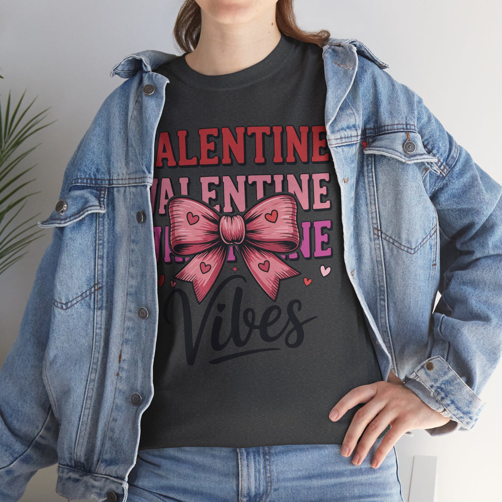 Valentine Vibes T-Shirt — Pink Bow Heart Graphic Unisex Cotton Tee