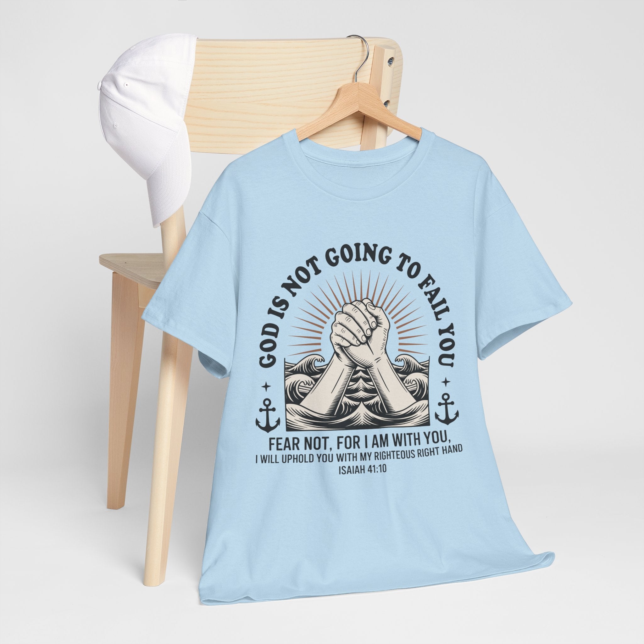 Isaiah 41:10 "Fear Not, For I Am With You" T-Shirt — Clasped Hands Rising from Waves Christian Unisex Cotton Tee