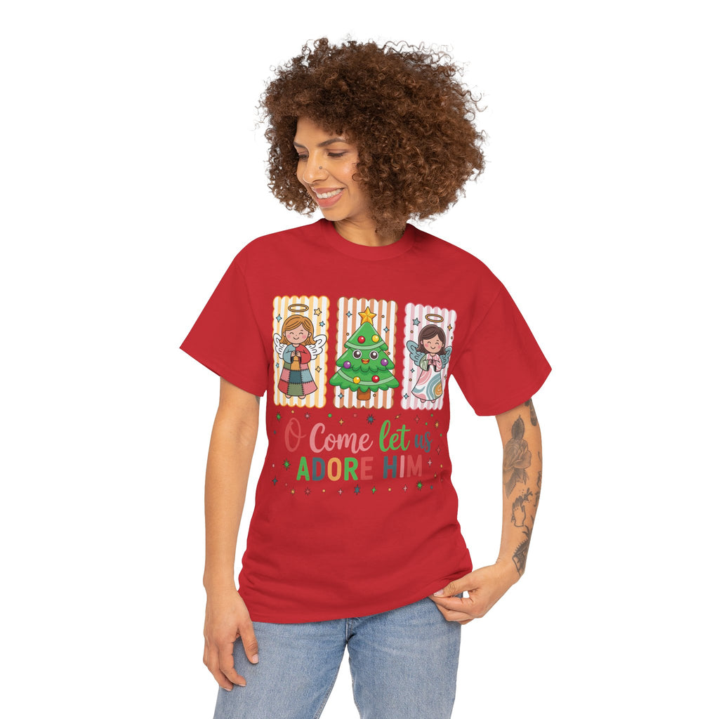 O Come Let Us Adore Him Christmas Tee — Smiling Angels & Happy Tree..Unisex Cotton Tee