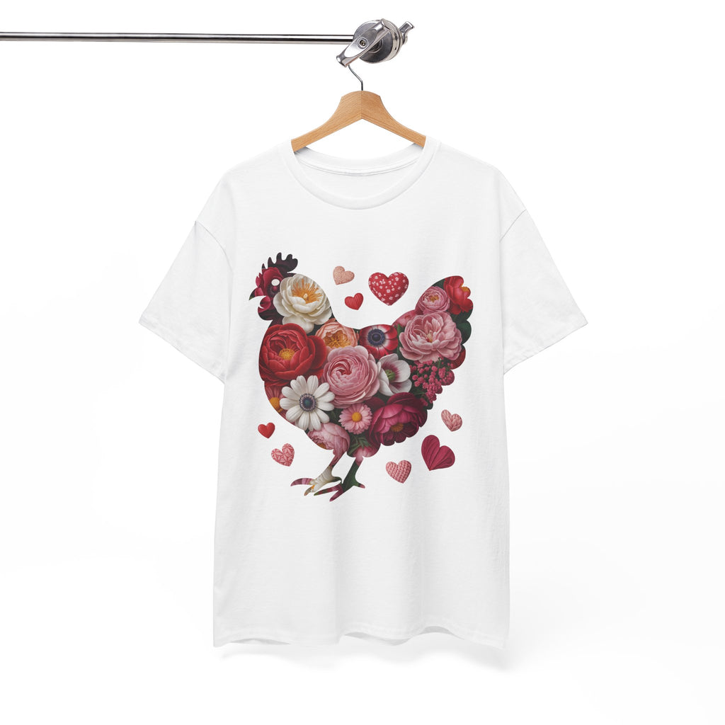 Floral Chicken Heart Tee — Red & Pink Flower Silhouette Unisex Cotton Tee