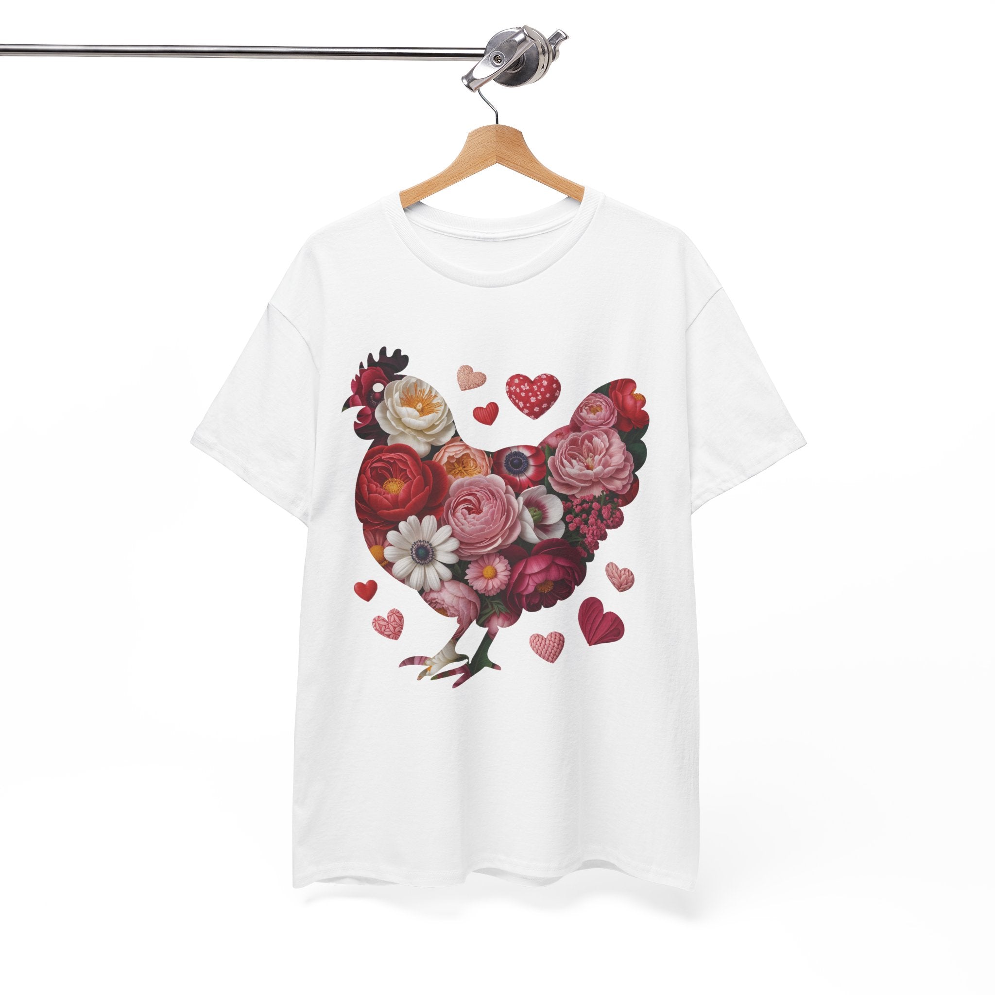 Floral Chicken Heart Tee — Red & Pink Flower Silhouette Unisex Cotton Tee