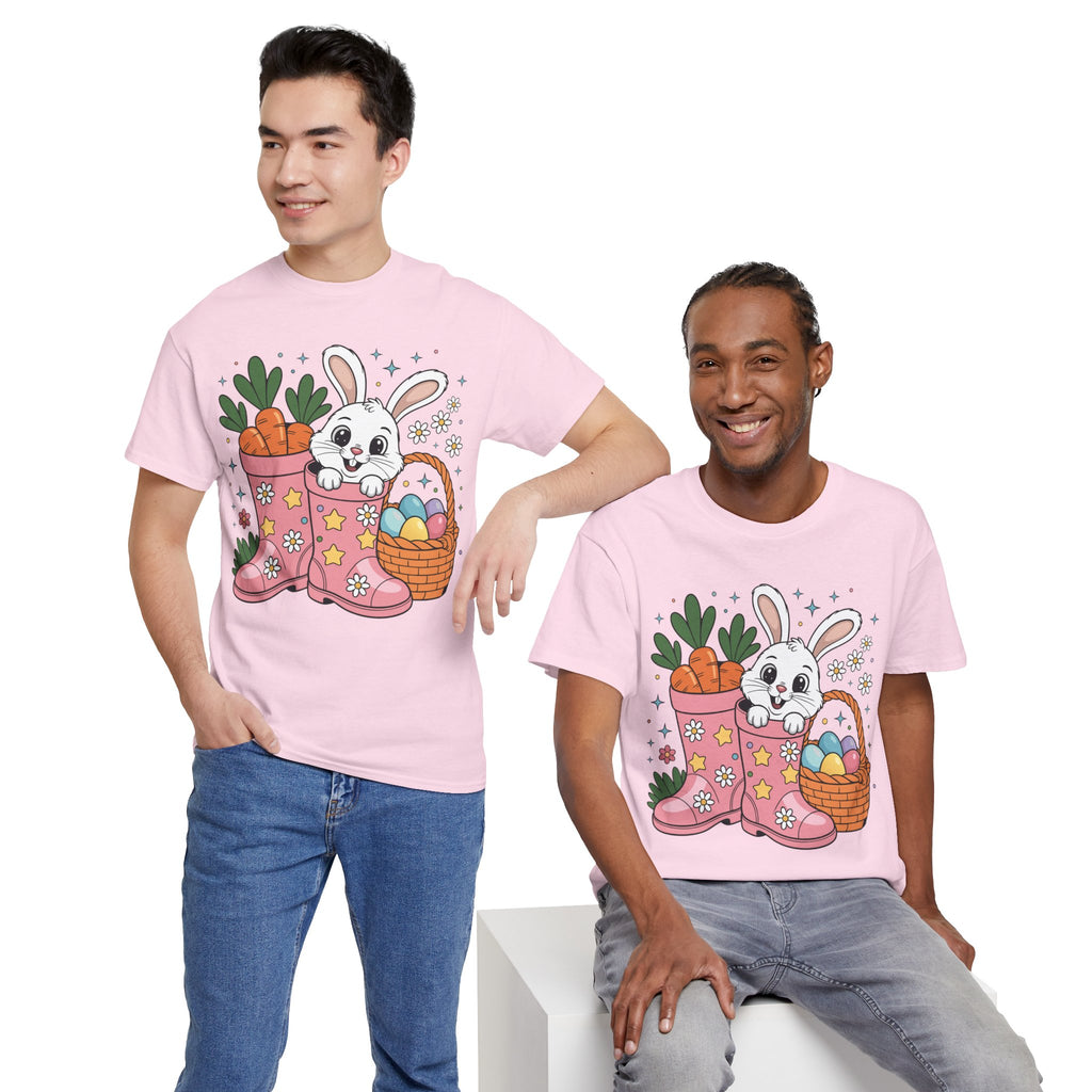 Easter Bunny in Pink Rain Boots T-Shirt — Cartoon Bunny, Carrots & Colorful Eggs Unisex Cotton Tee