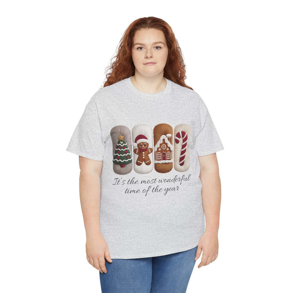 Christmas Faux-Yarn Tree Tee — Gingerbread House & Candy Cane Holiday Unisex Cotton T-Shirt