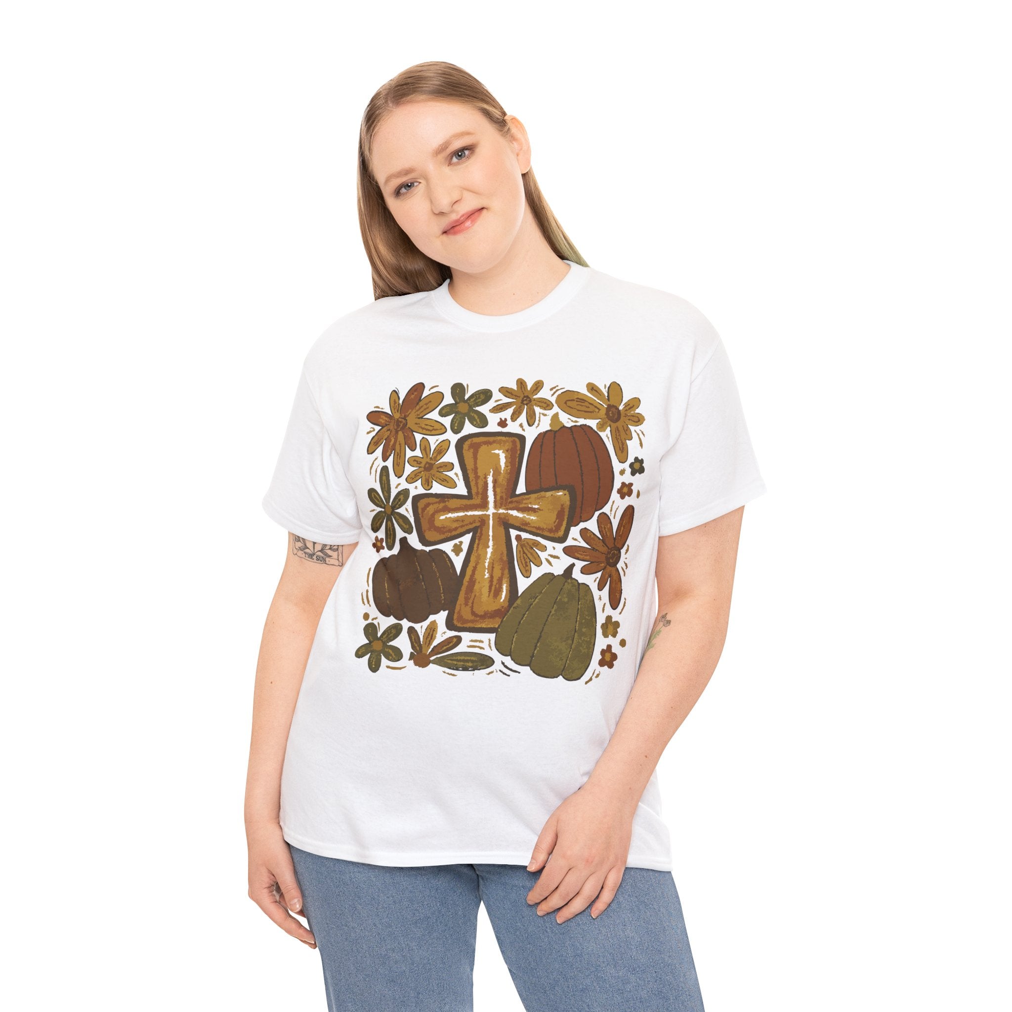 Autumn Cross Tee — Rustic Pumpkin & Fall Floral Christian Unisaex Cotton T-Shirt
