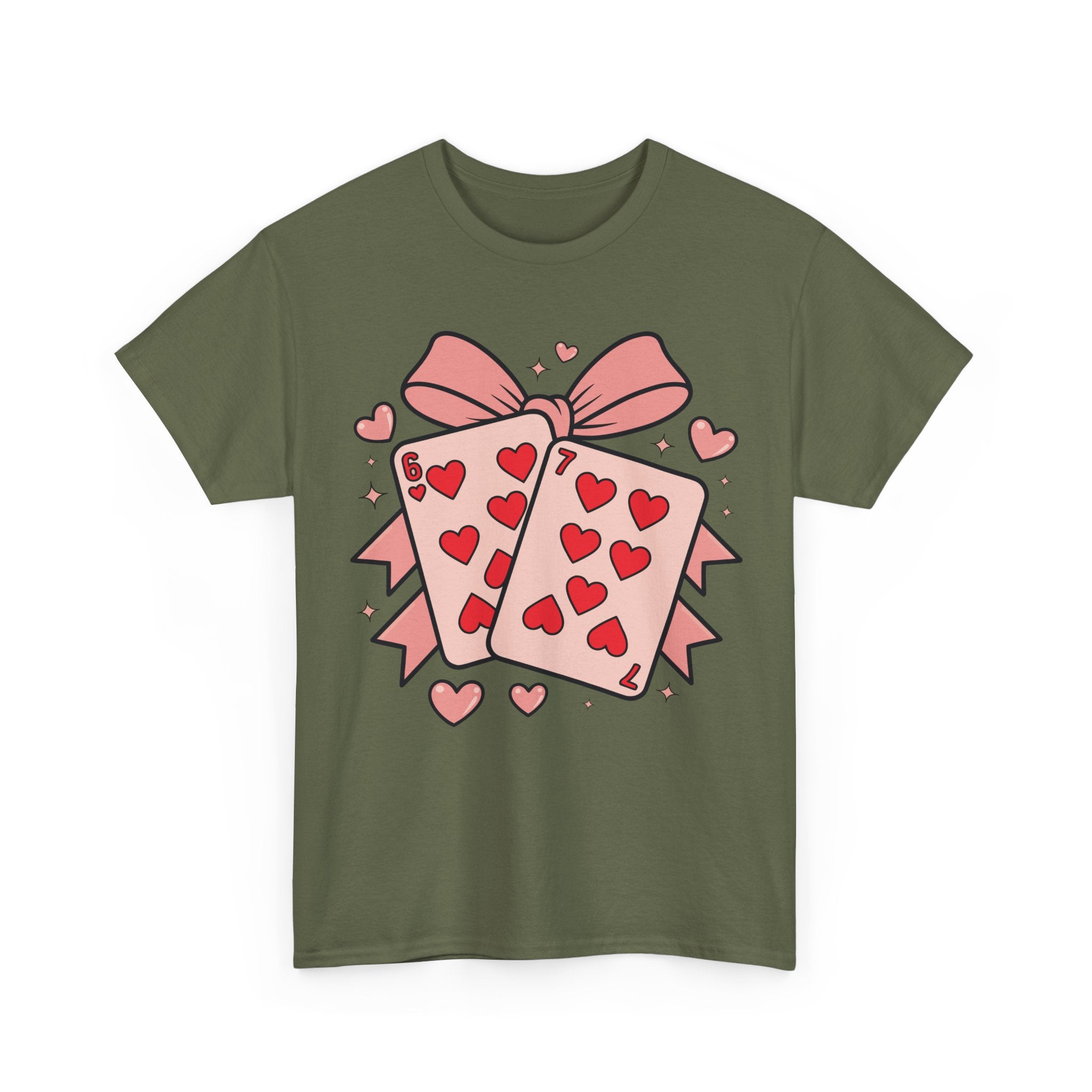 6 & 7 of Hearts T-Shirt — Paired Playing Cards with Pink Bow Unisex Cotton Tee