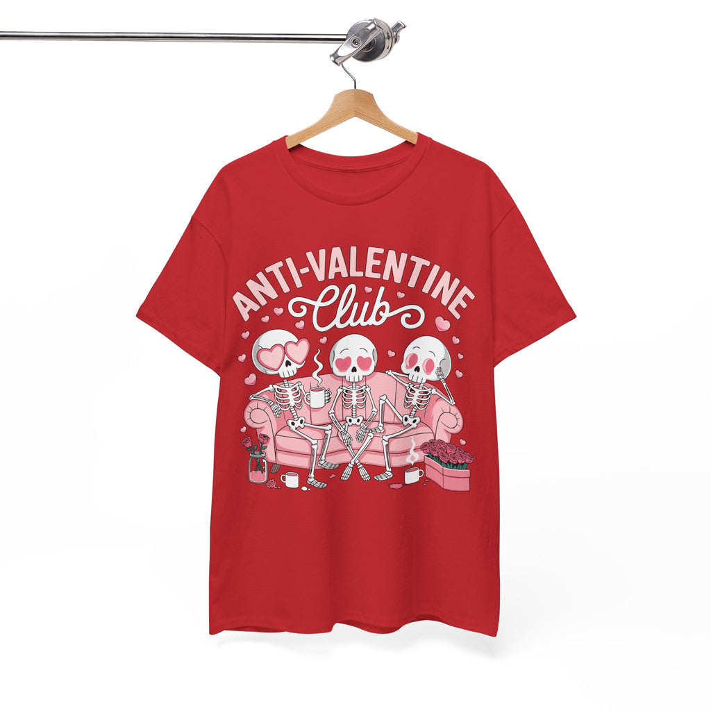 Anti-Valentine Club Skeleton Tee — Anti-Romance Pink Couch Graphic Unisex Cotton T-Shirt