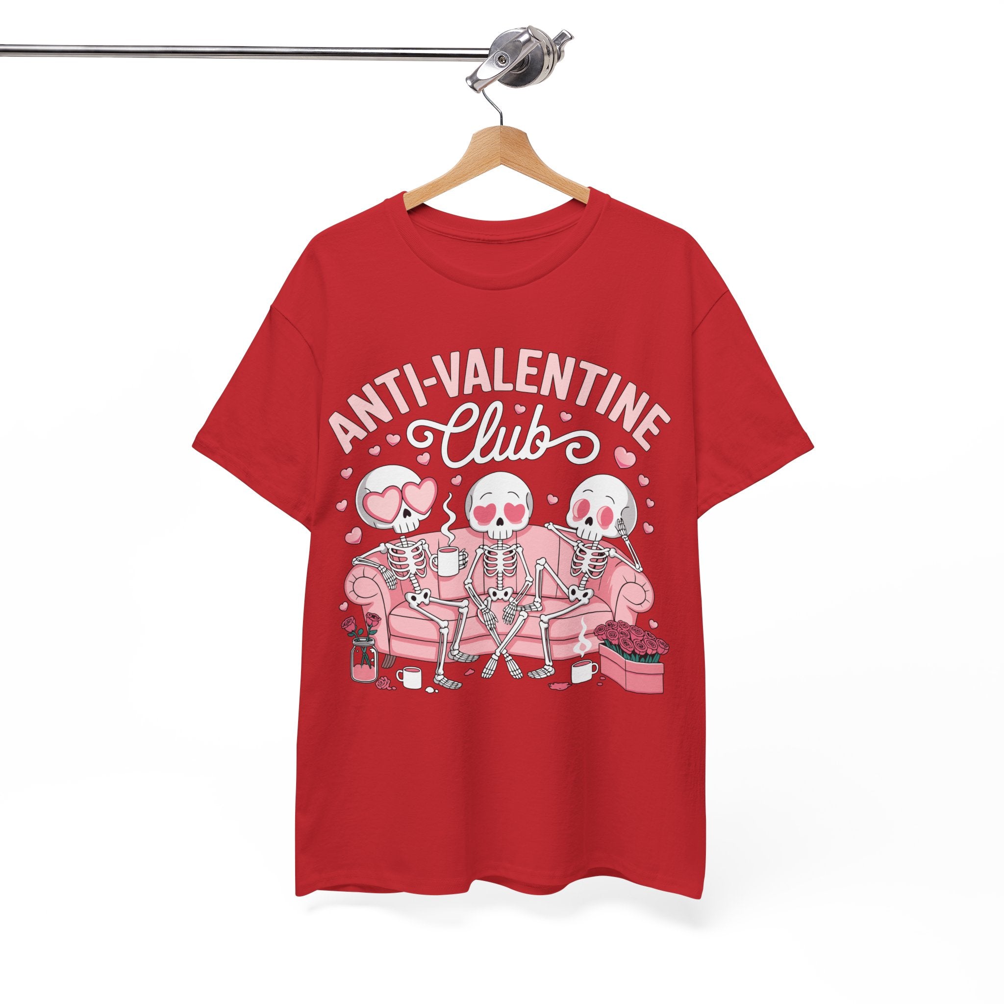 Anti-Valentine Club Skeleton Tee — Anti-Romance Pink Couch Graphic Unisex Cotton T-Shirt