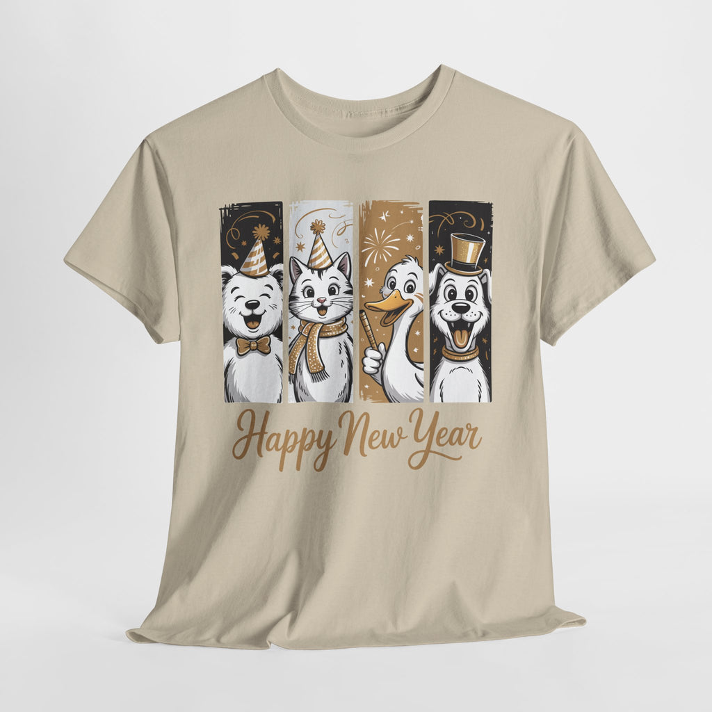 Happy New Year Party Animals T-Shirt — Cute Smiling Animals in Party Hats & Gold Fireworks..Unisex Cotton Tee