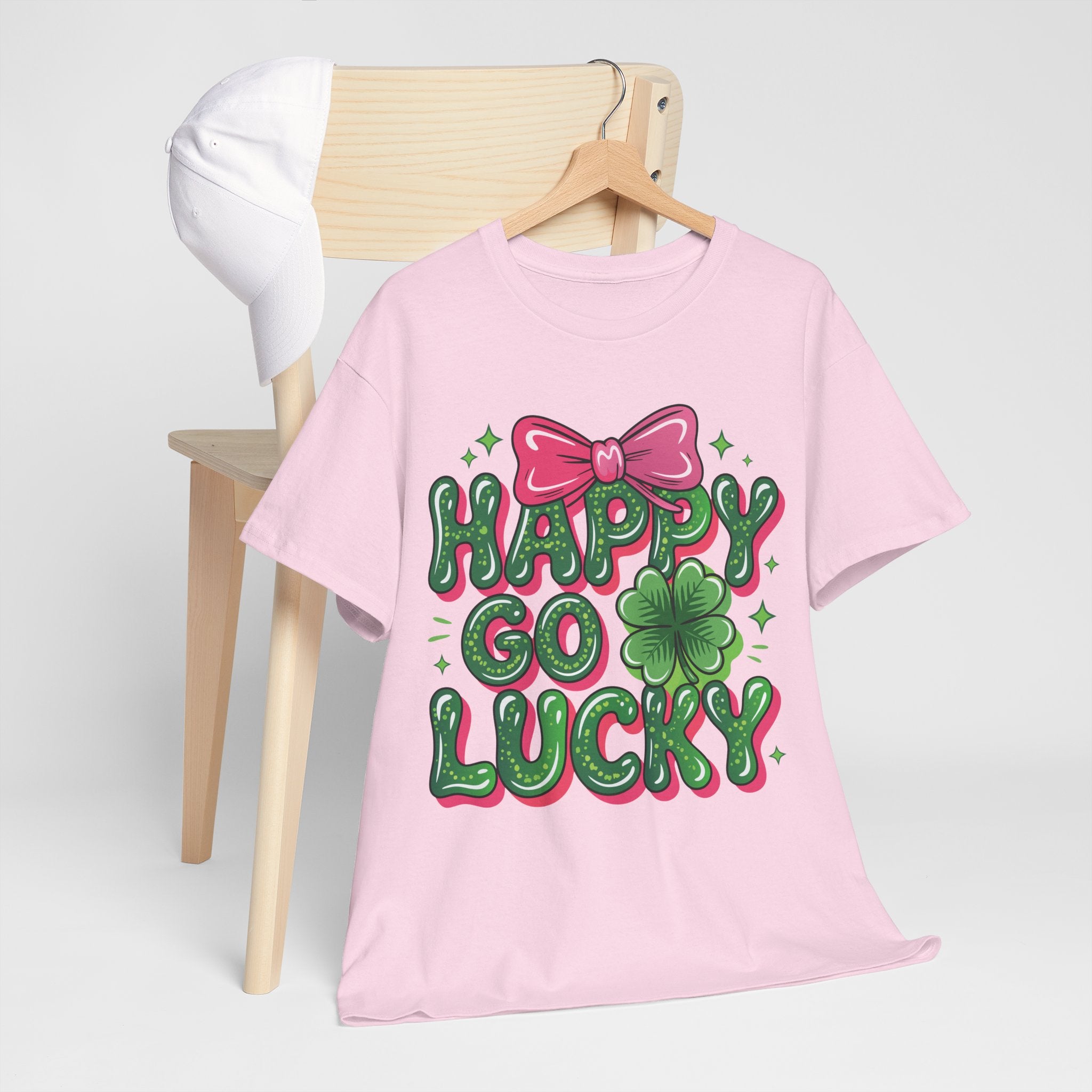 Happy Go Lucky Four-Leaf Clover Tee — Glossy Green Letters & Pink Bow Unisex Cotton Tee