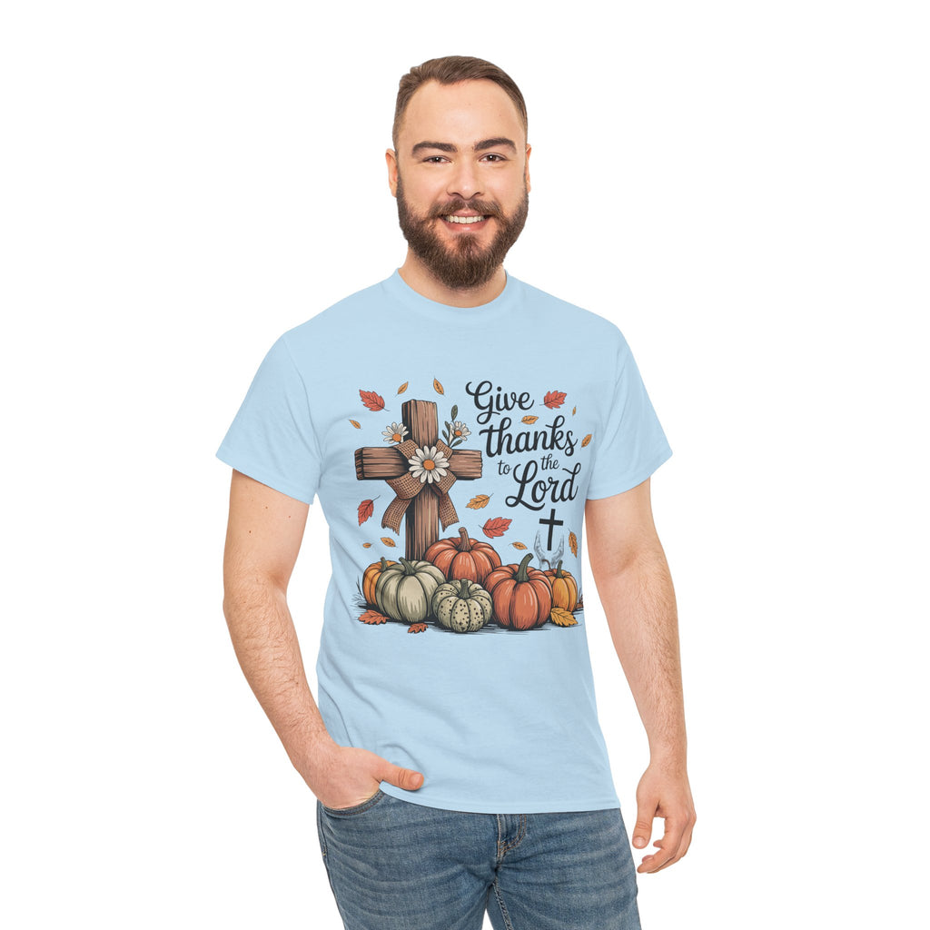 Give Thanks to the Lord Autumn Tee — Wooden Cross, Pumpkins & Daisies..Unisex Cotton Tee