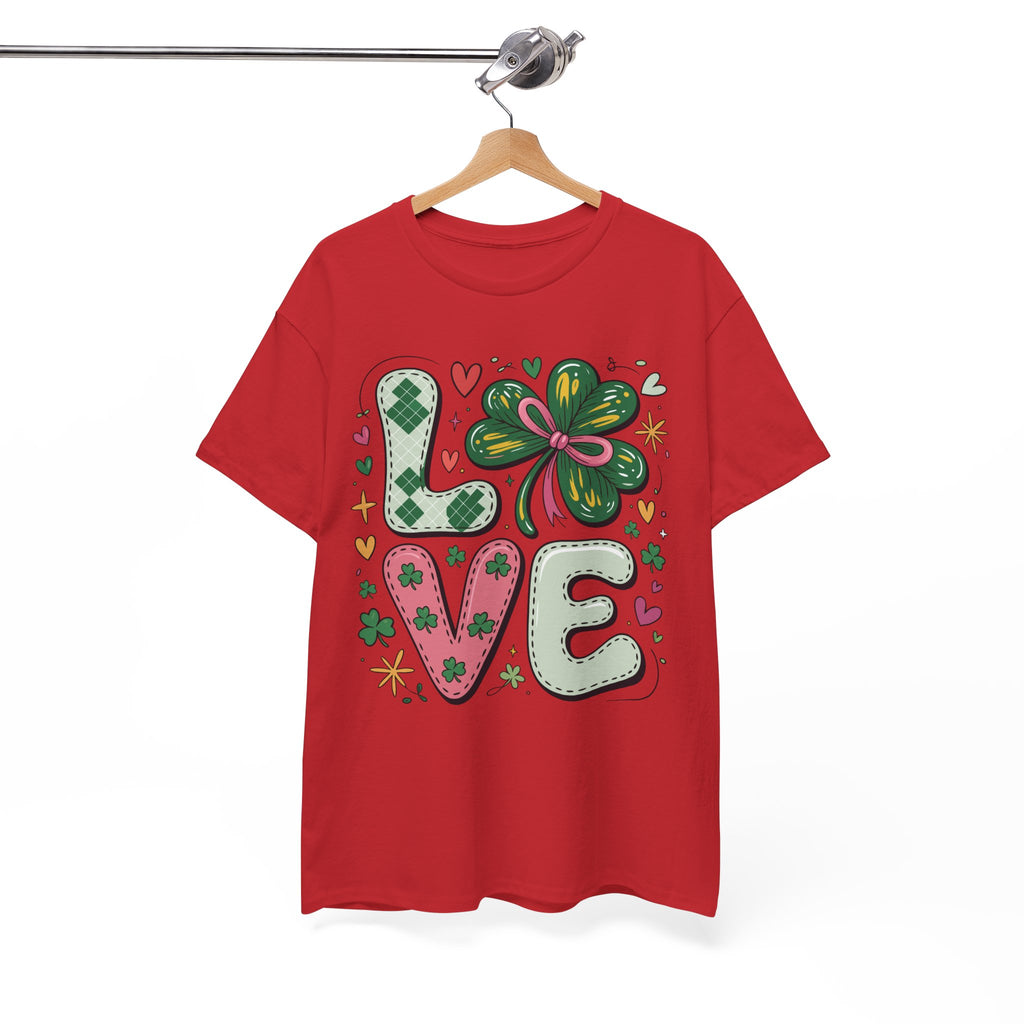 Stitched Clover 'LOVE' Tee — Heart & Patchwork St. Patrick's Unisex Cotton T-Shirt